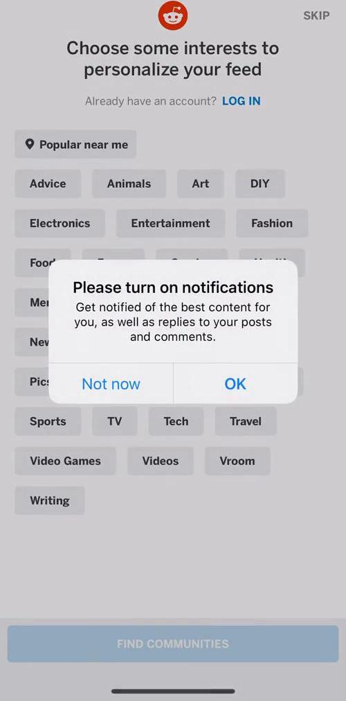 Reddit Notification permissions screen in the Onboarding flow