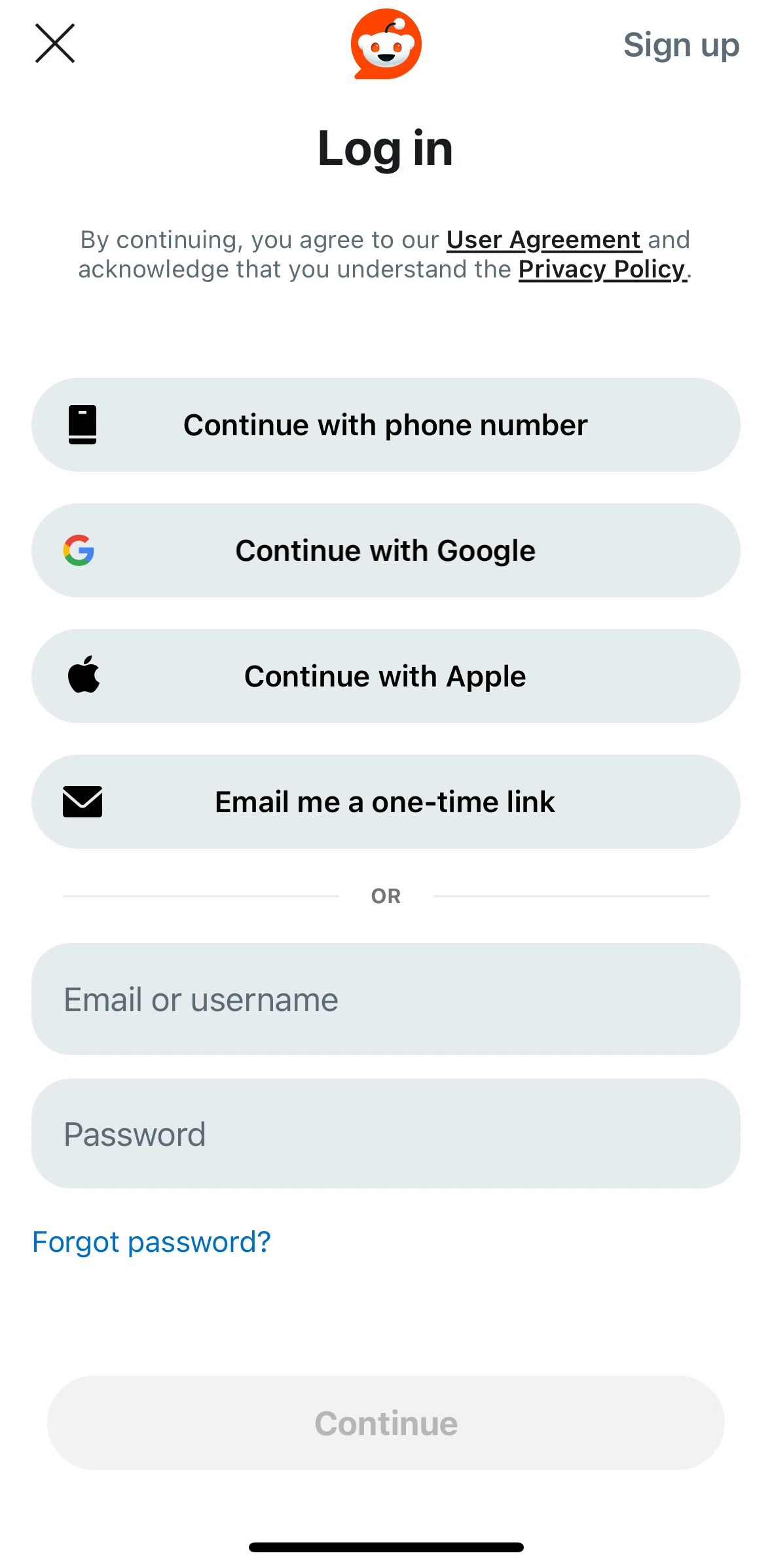 Reddit Screen screen in the Resetting password flow
