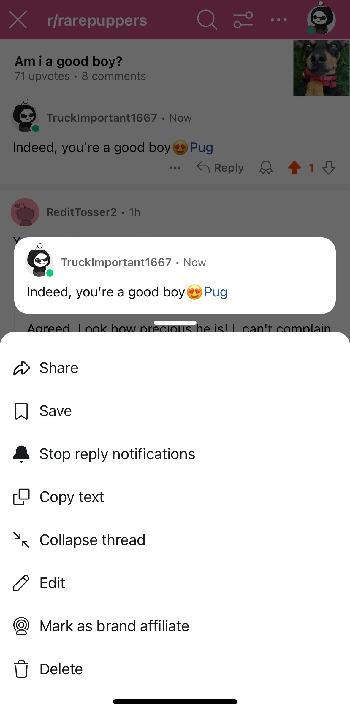 Reddit Screen screen in the Saving a comment flow