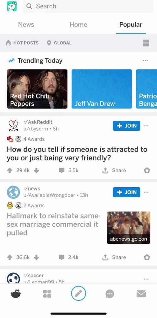 Reddit Home feed screen in the Searching flow