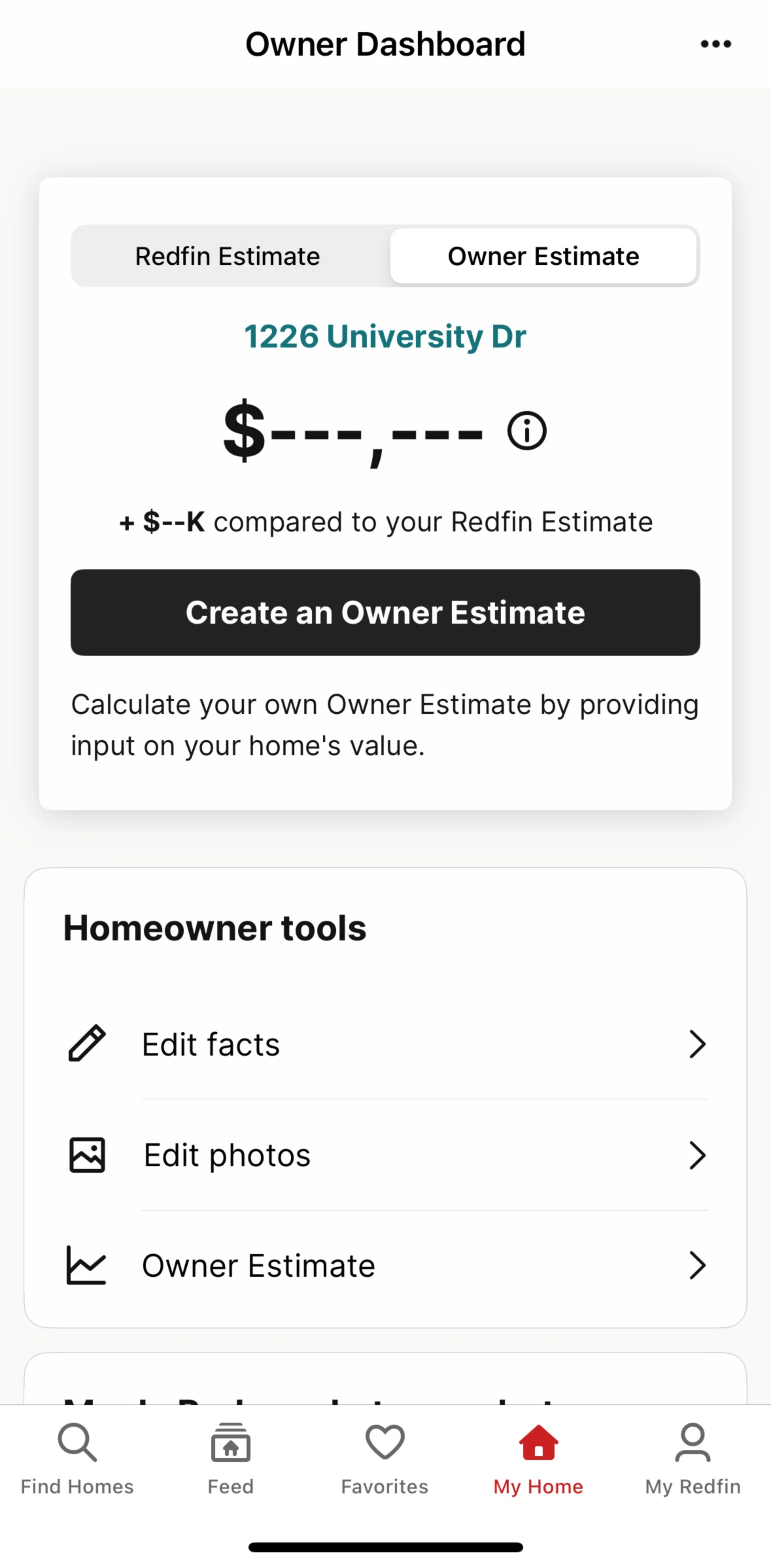 Redfin Screen screen in the Create an Owner Estimate flow