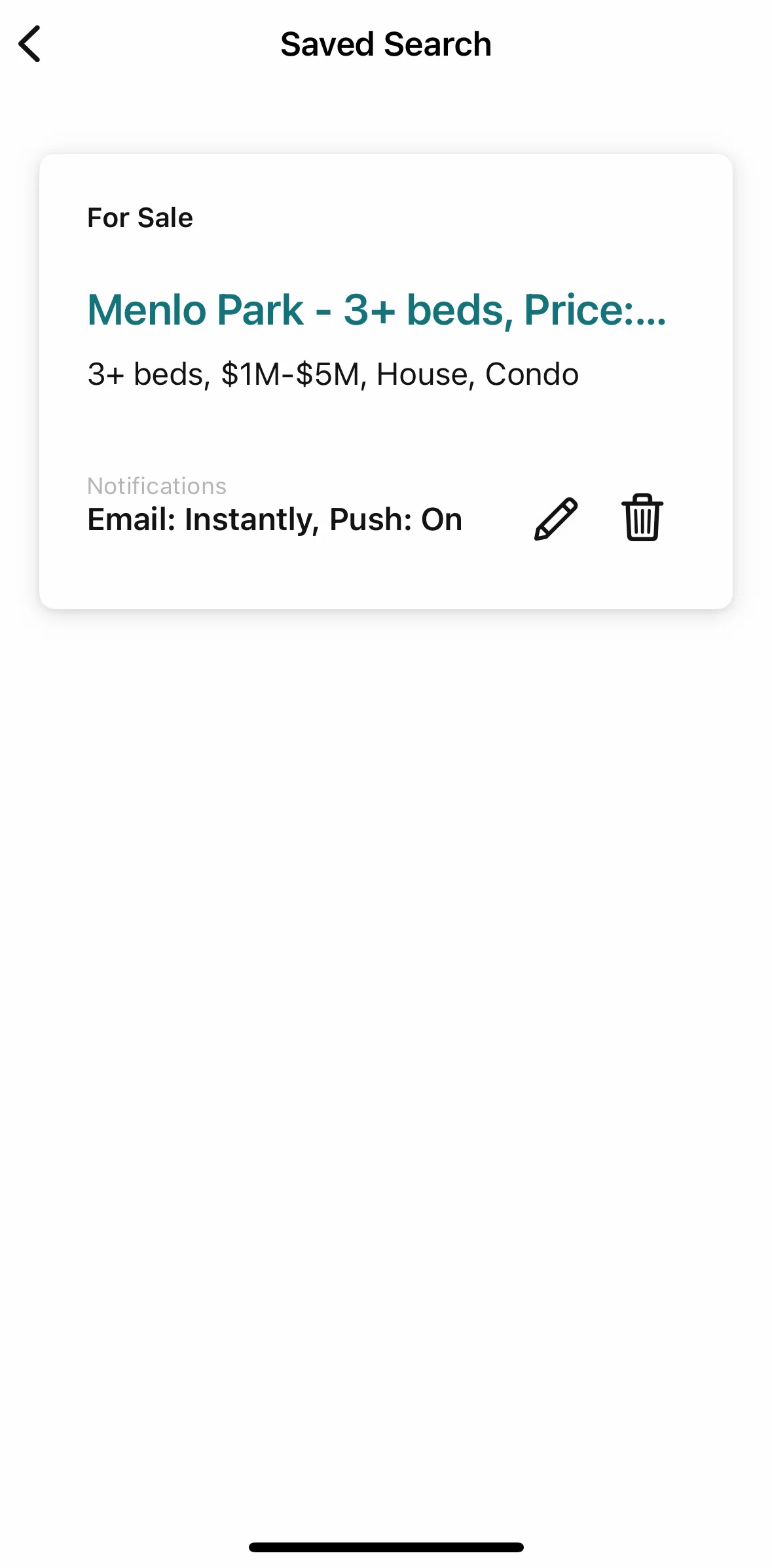 Redfin Screen screen in the Deleting saved search flow