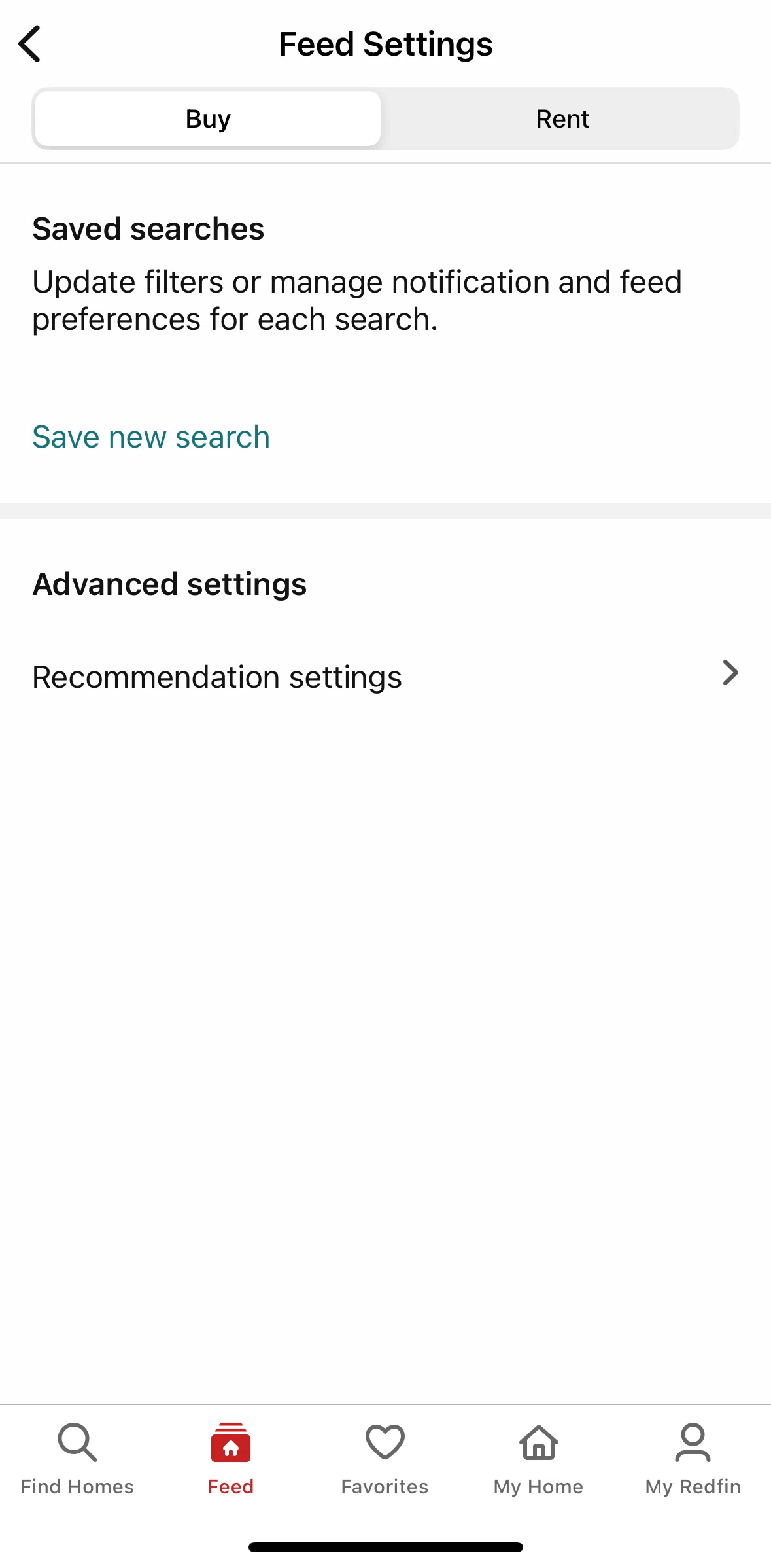 Redfin Screen screen in the Recommendation settings flow