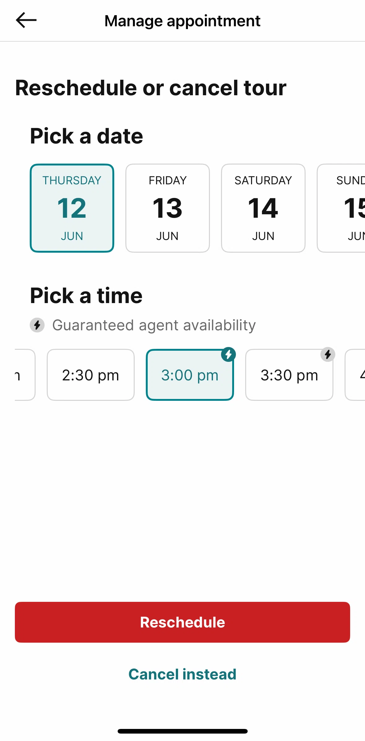 Redfin Screen screen in the Rescheduling an appointment flow