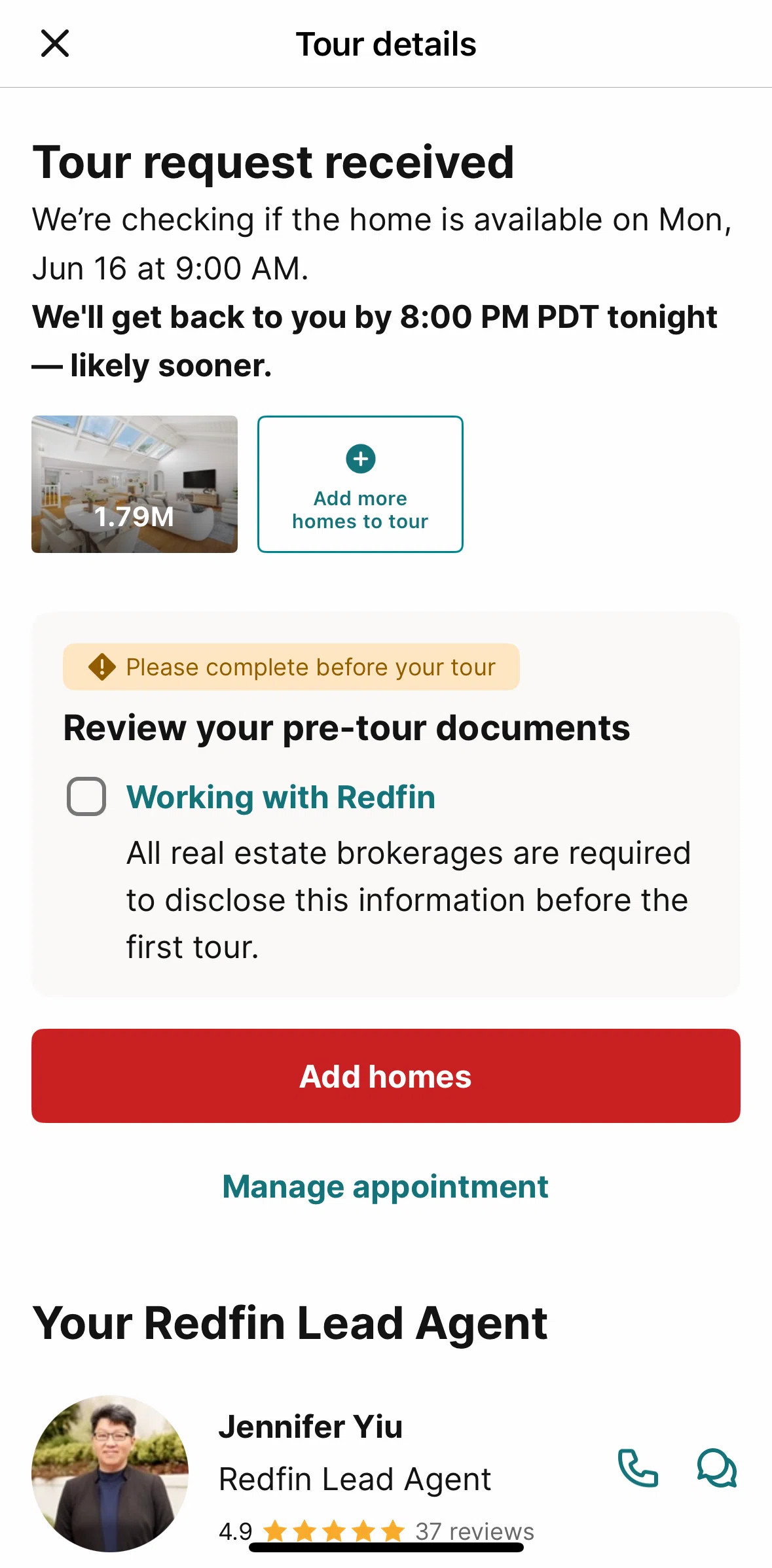 Redfin Screen screen in the Reviewing pre-tour documents flow