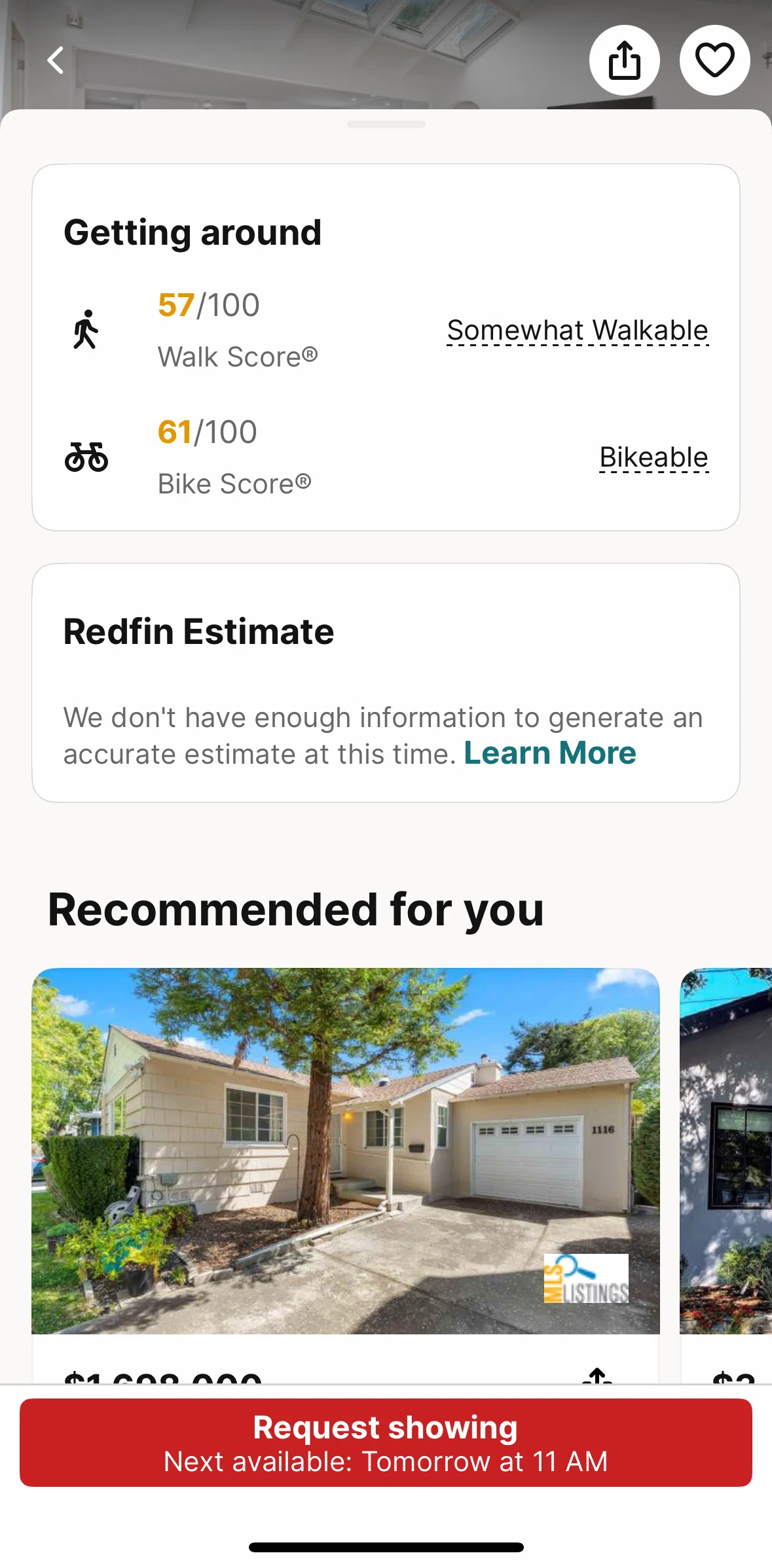 Redfin Screen screen in the Walk score flow