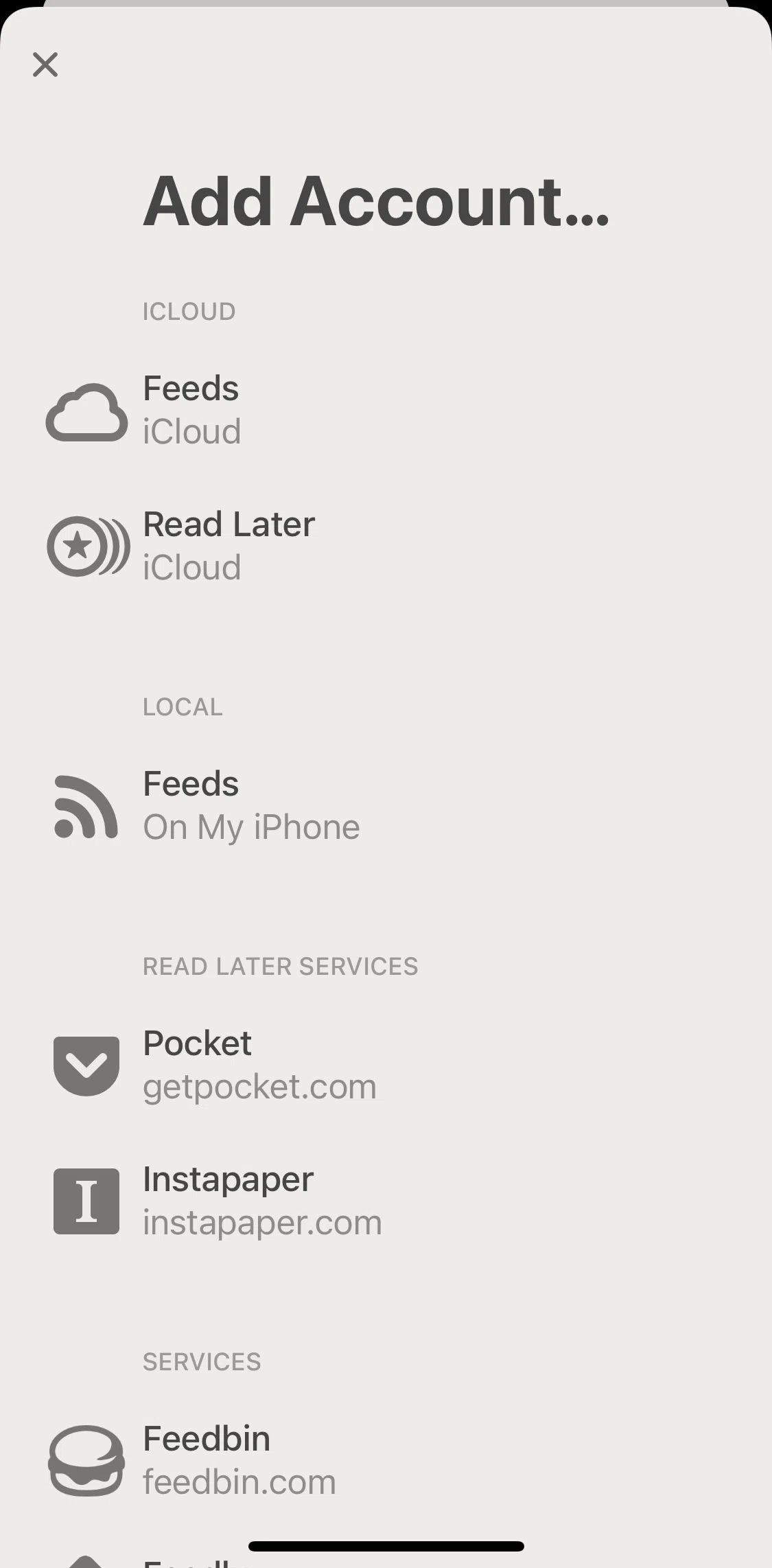 Reeder 5 Screen screen in the Adding an account flow