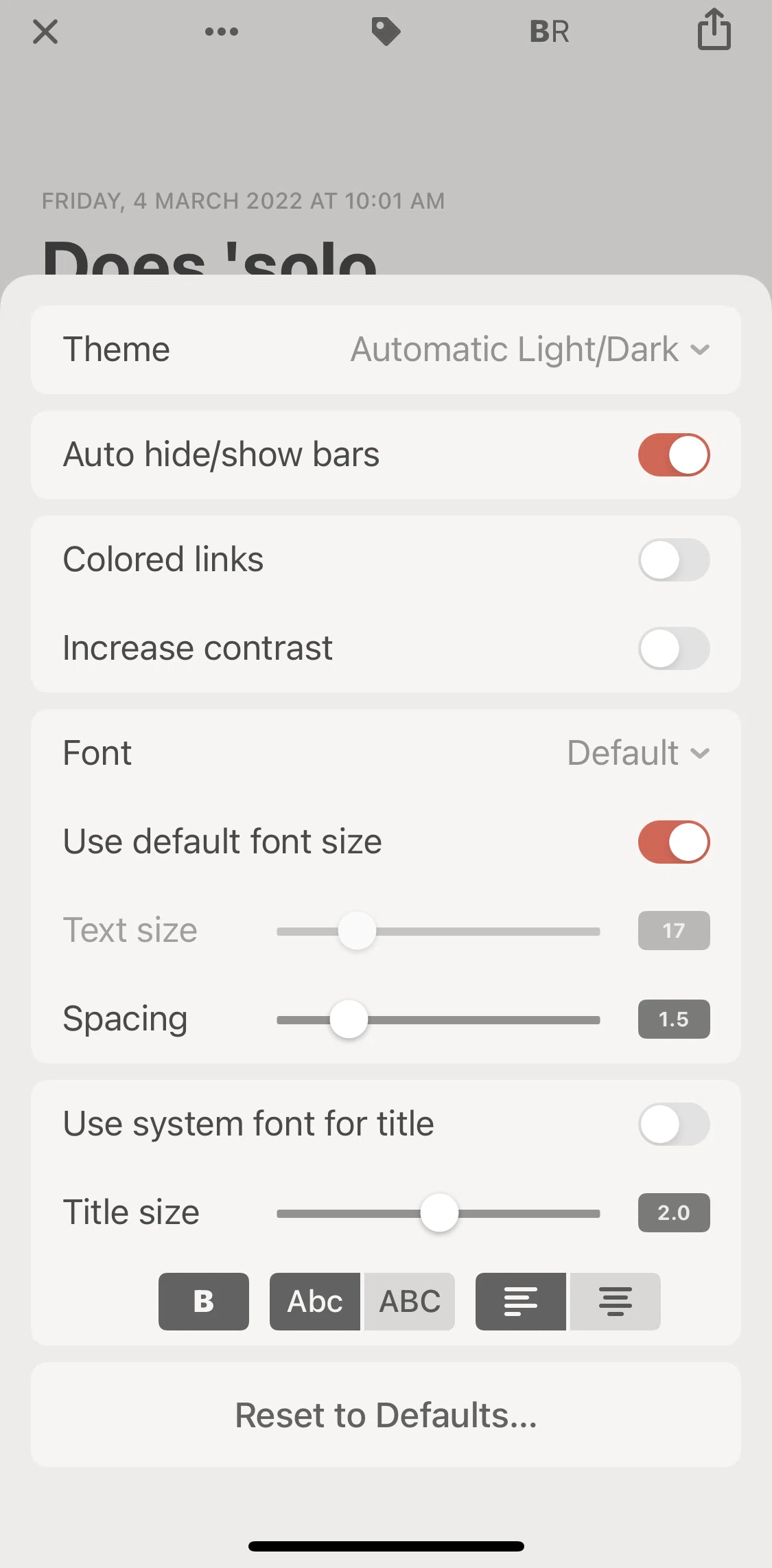 Reeder 5 Screen screen in the Adjusting typeface and font size flow