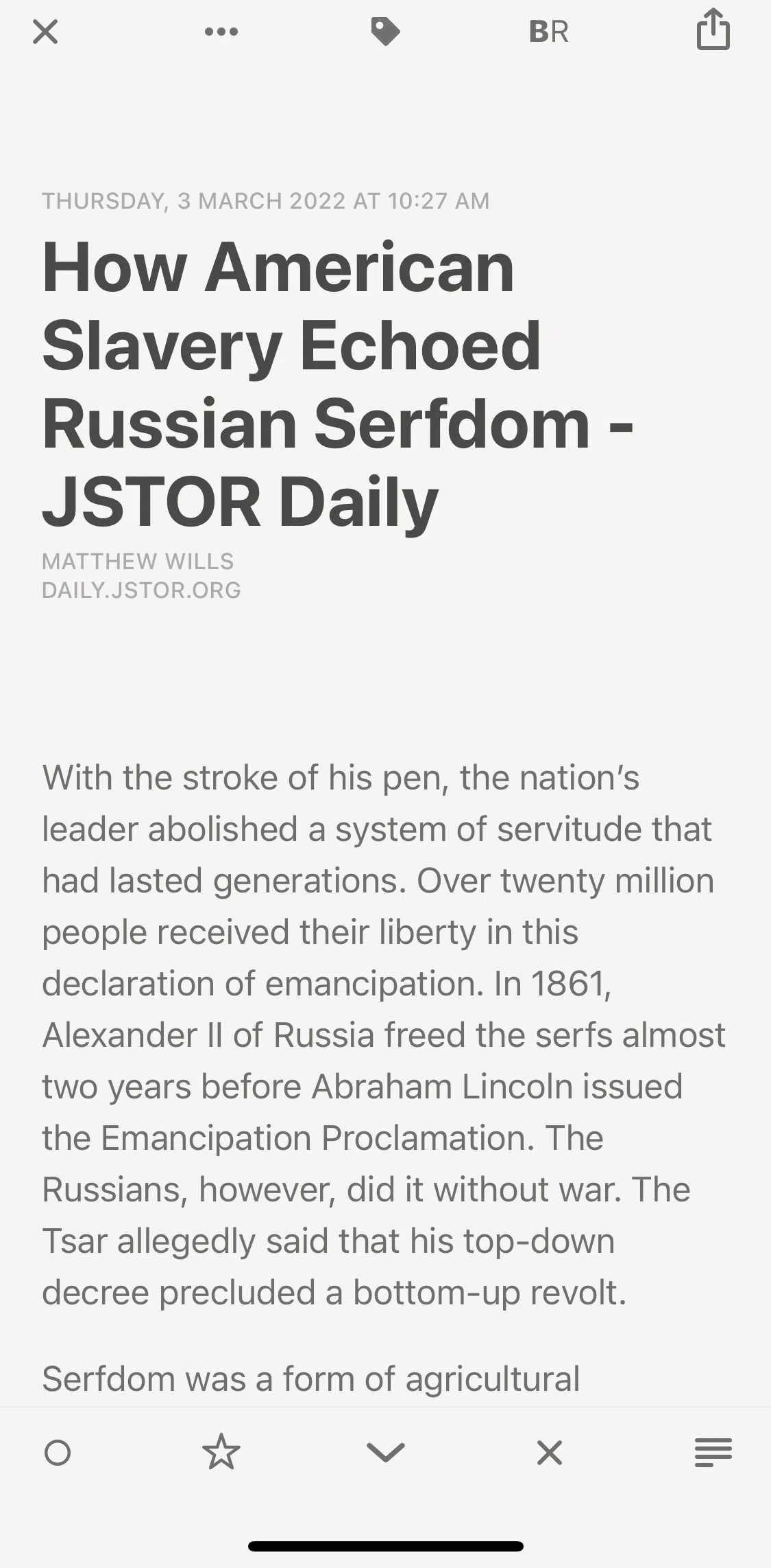Reeder 5 Screen screen in the Swiping right to read article in browser flow