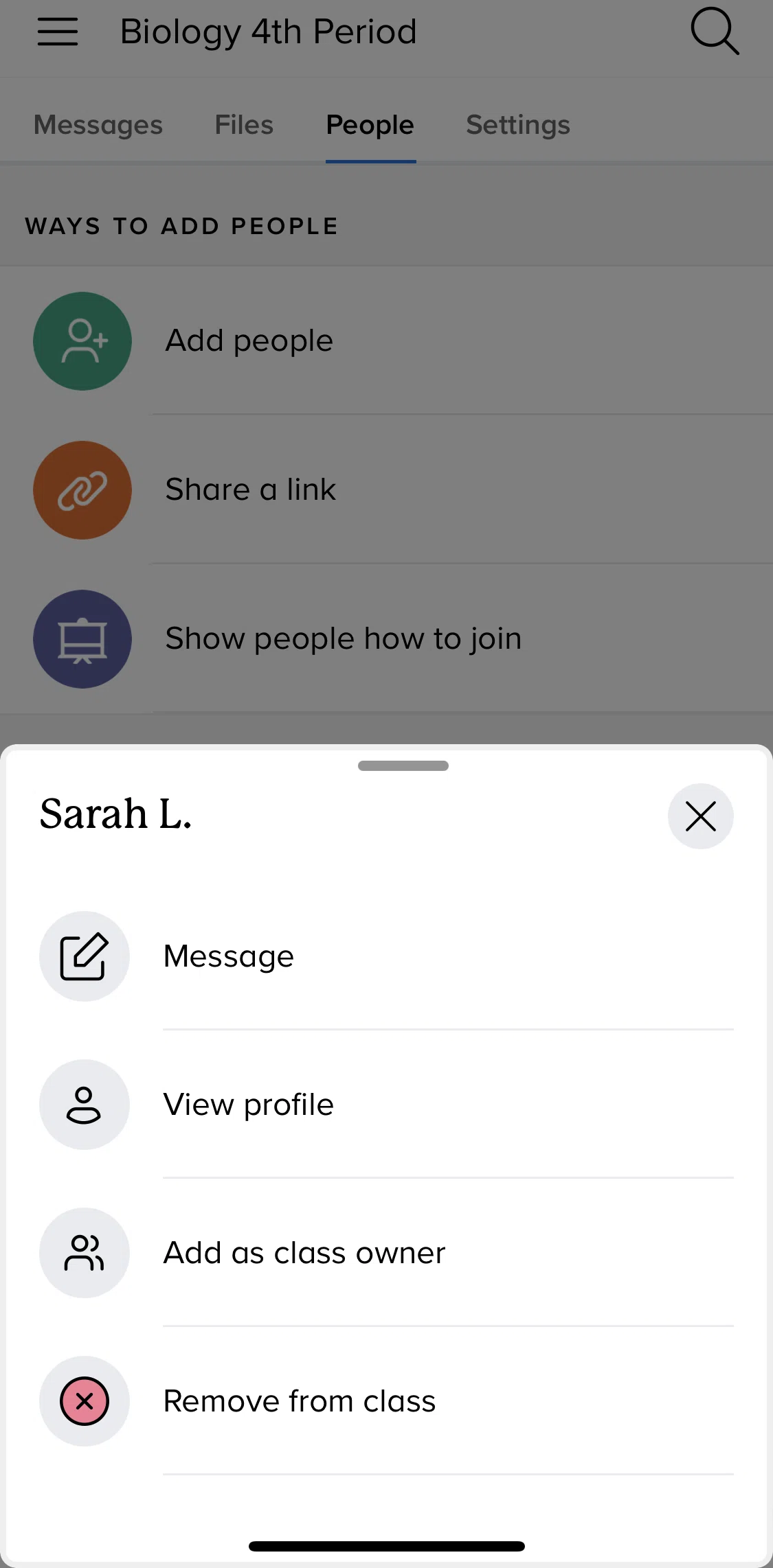 Remind Screen screen in the Adding a participant as class owner flow