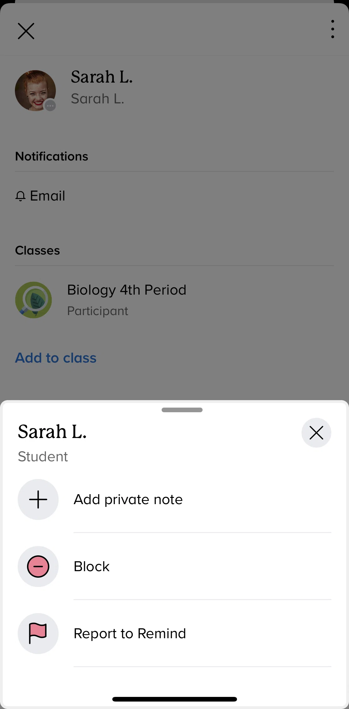 Remind Screen screen in the Blocking a user flow