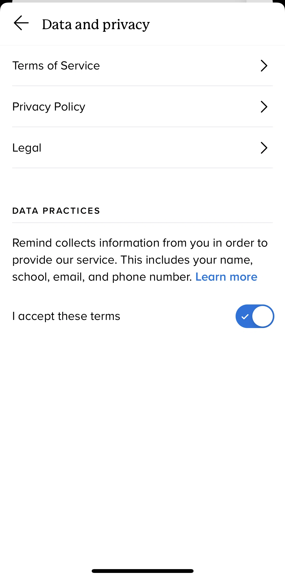 Remind Screen screen in the Privacy policy flow