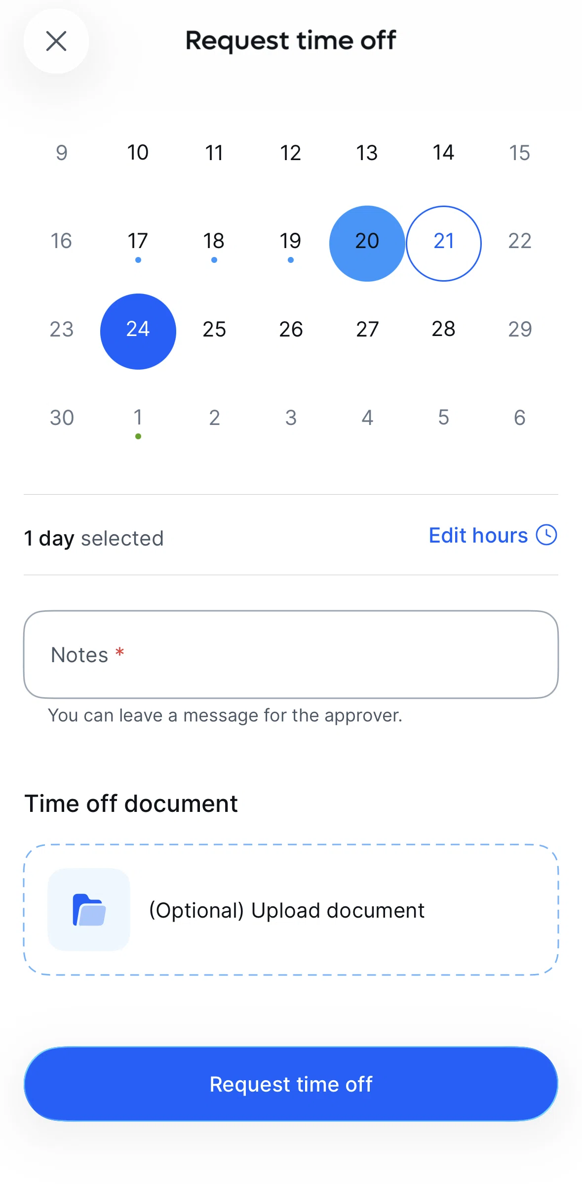 Remote Global HR Screen screen in the Editing hours flow