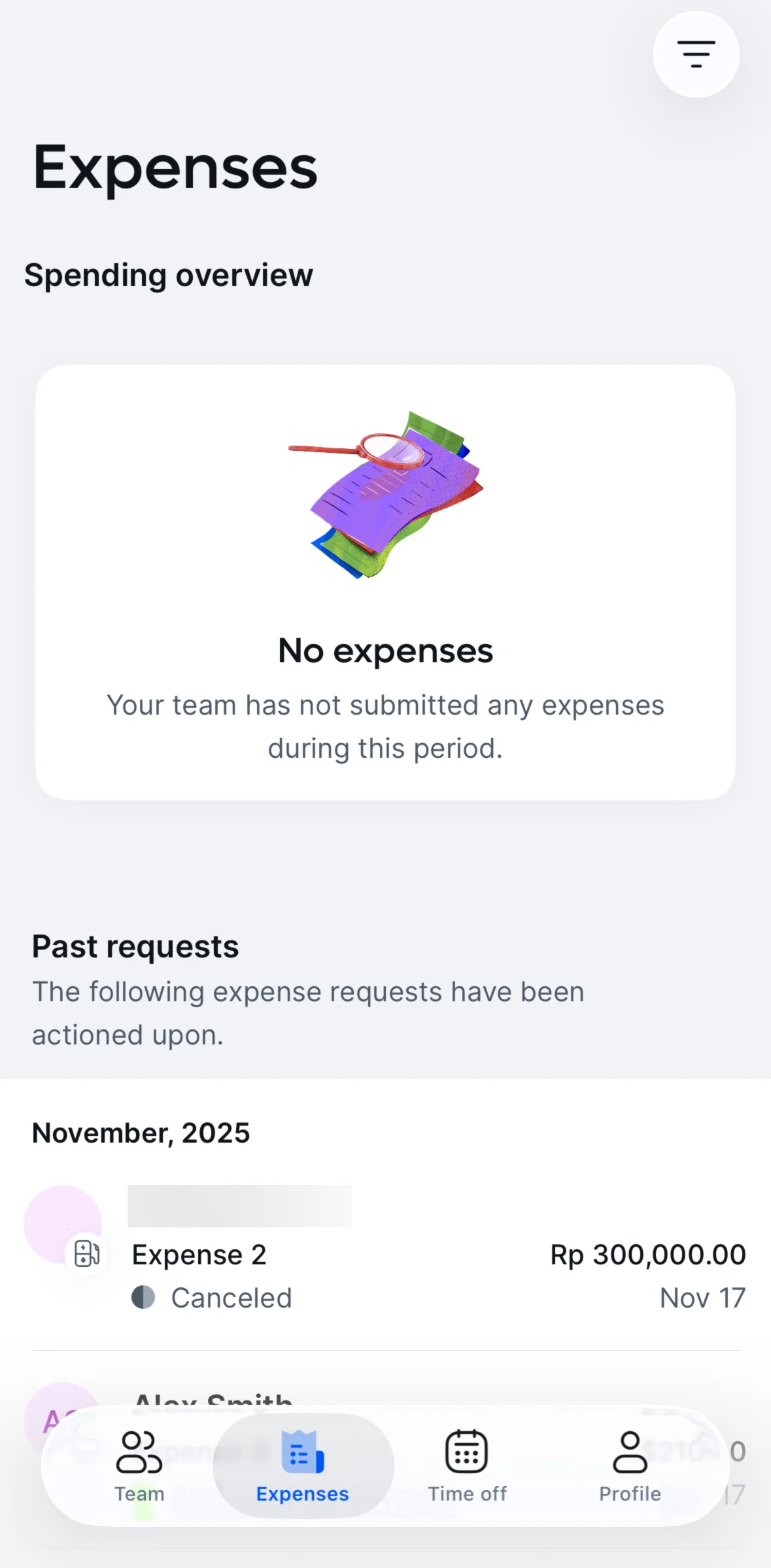 Remote Global HR Screen screen in the Filtering expenses flow