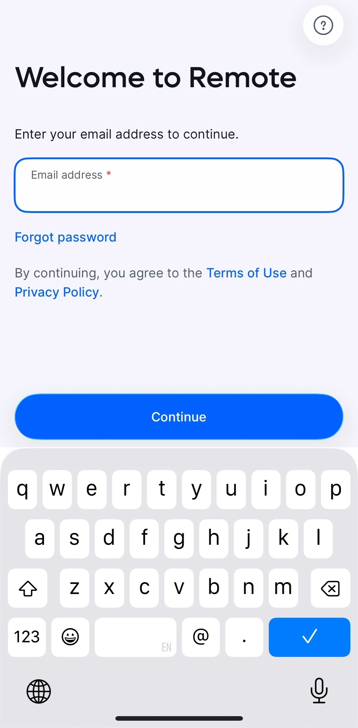Remote Global HR Screen screen in the Logging in flow
