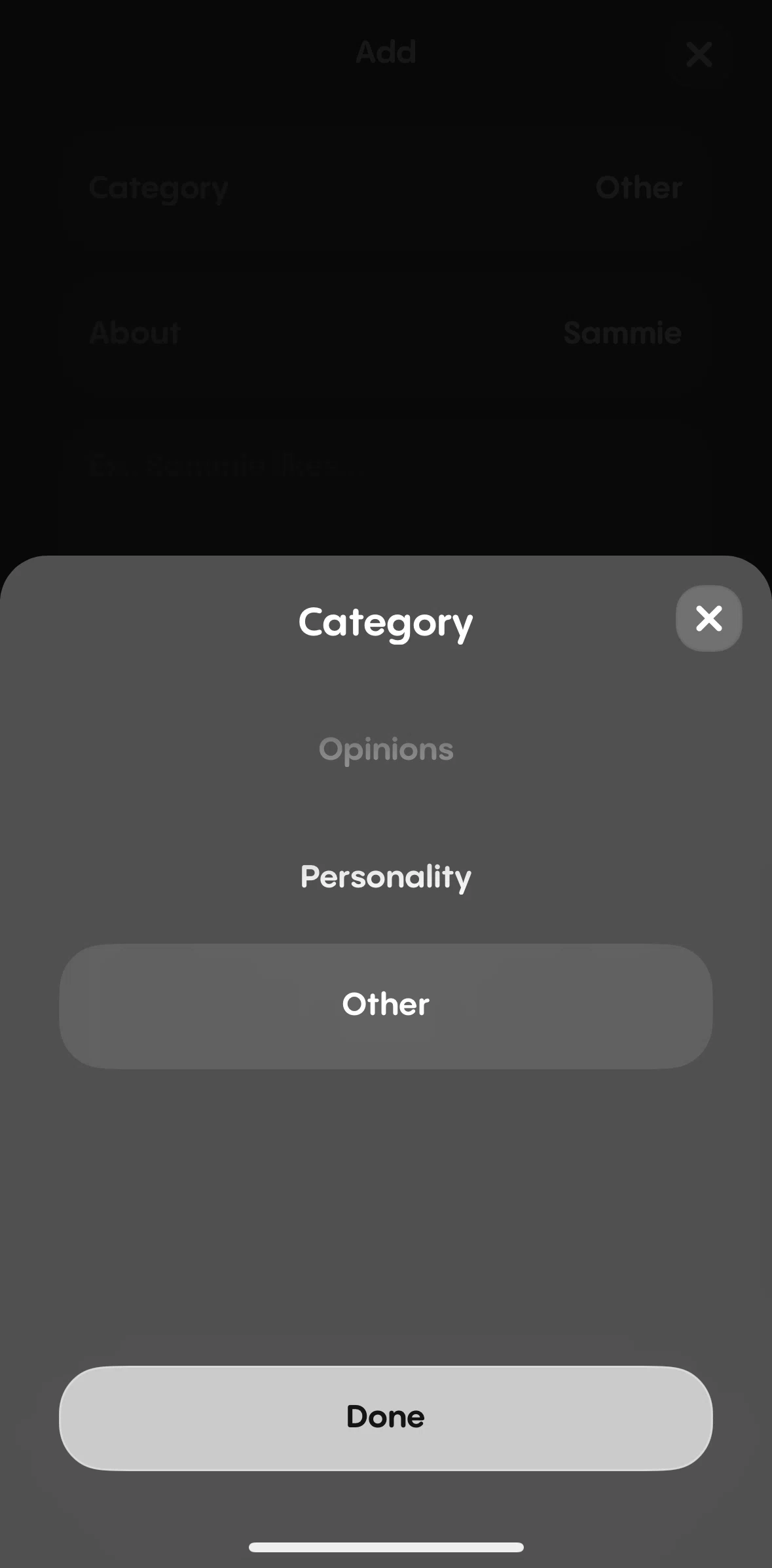 Replika Screen screen in the Adding a memory (Family and friends) flow
