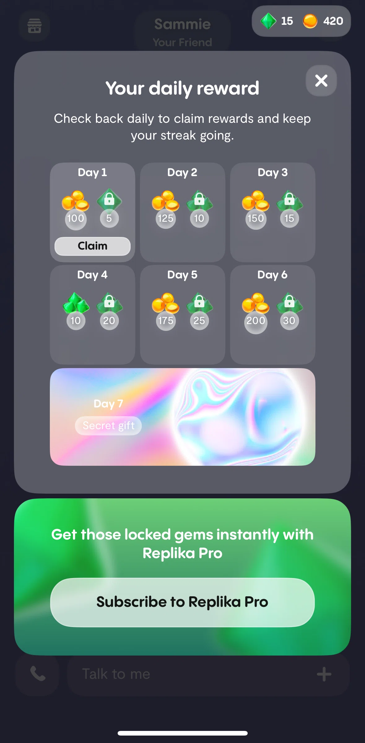 Replika Screen screen in the Claiming a daily reward flow