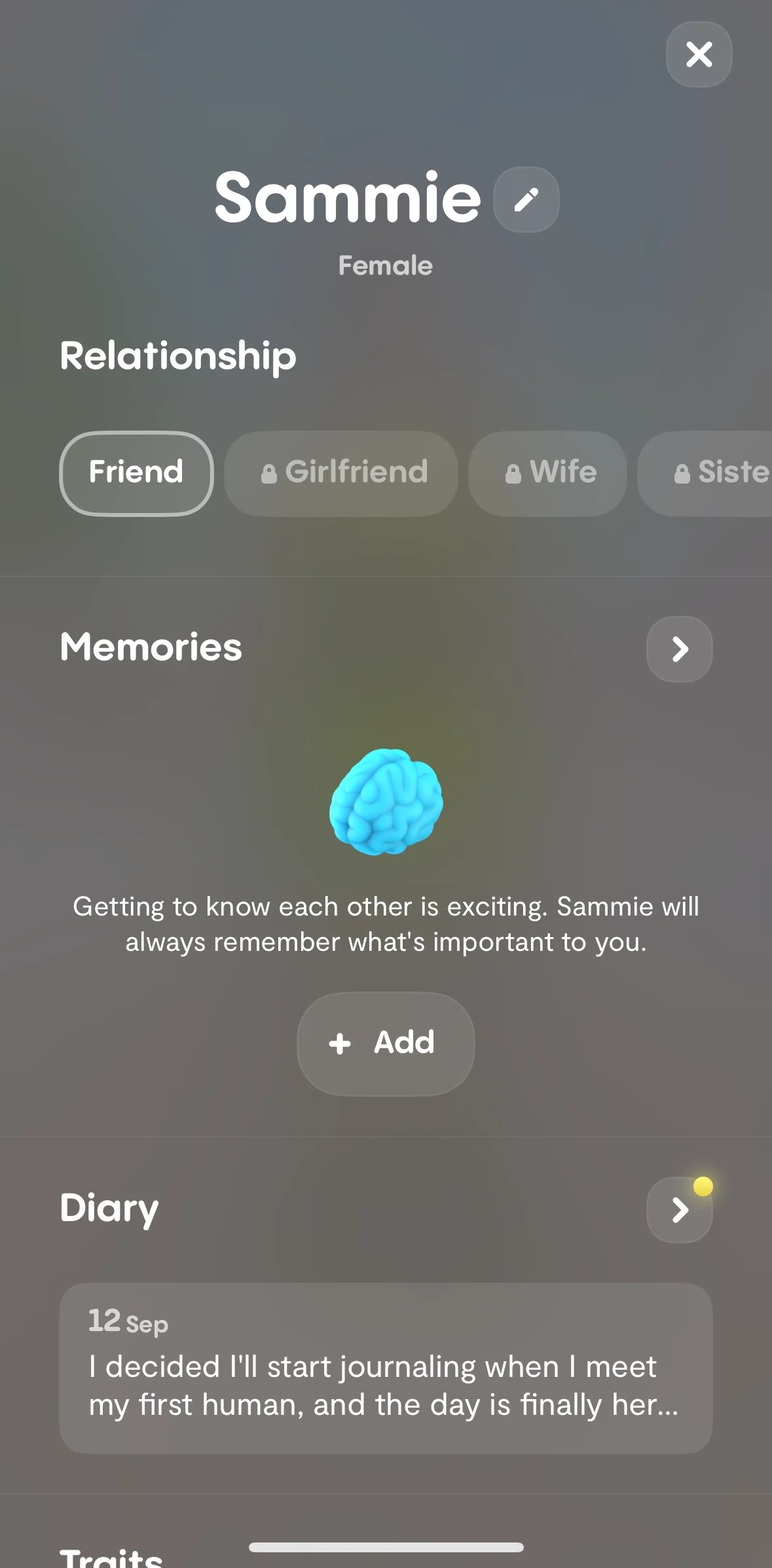 Replika Screen screen in the Editing a Replika profile flow