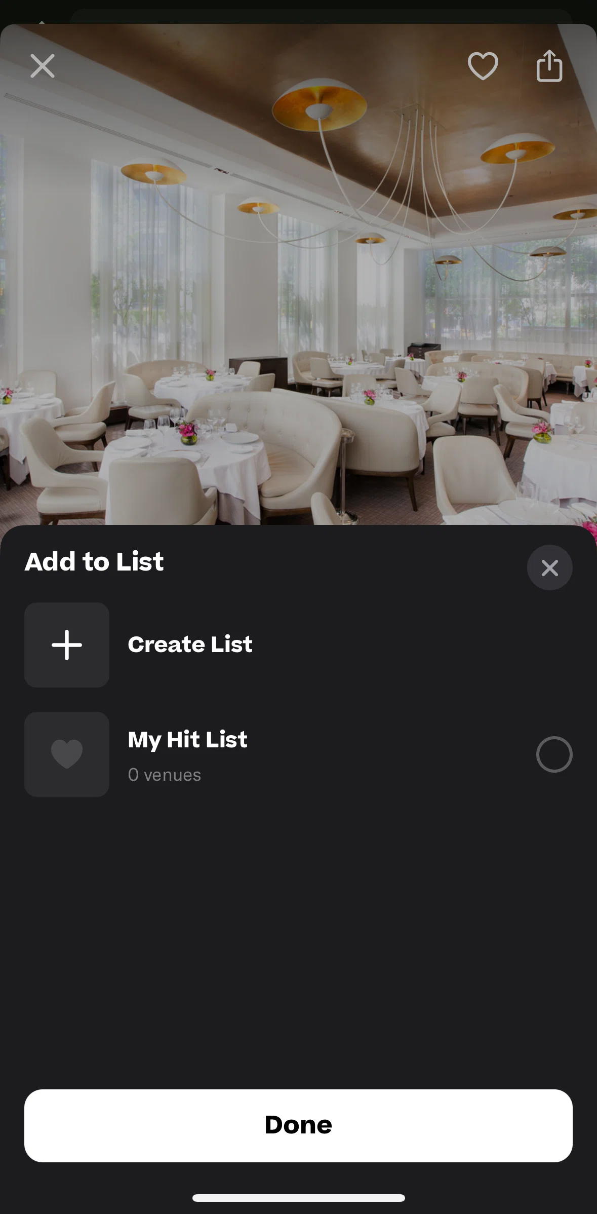 Resy Screen screen in the Creating a new list flow