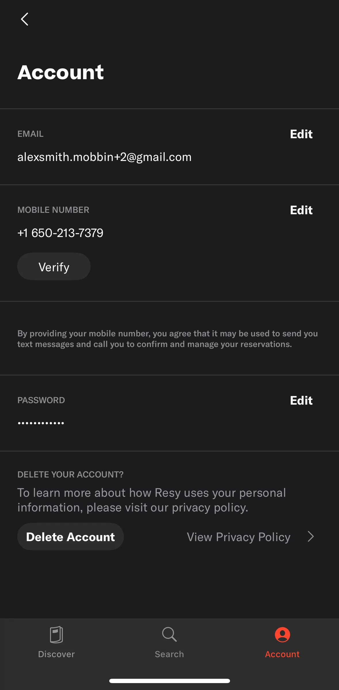 Resy Screen screen in the Deleting an account flow