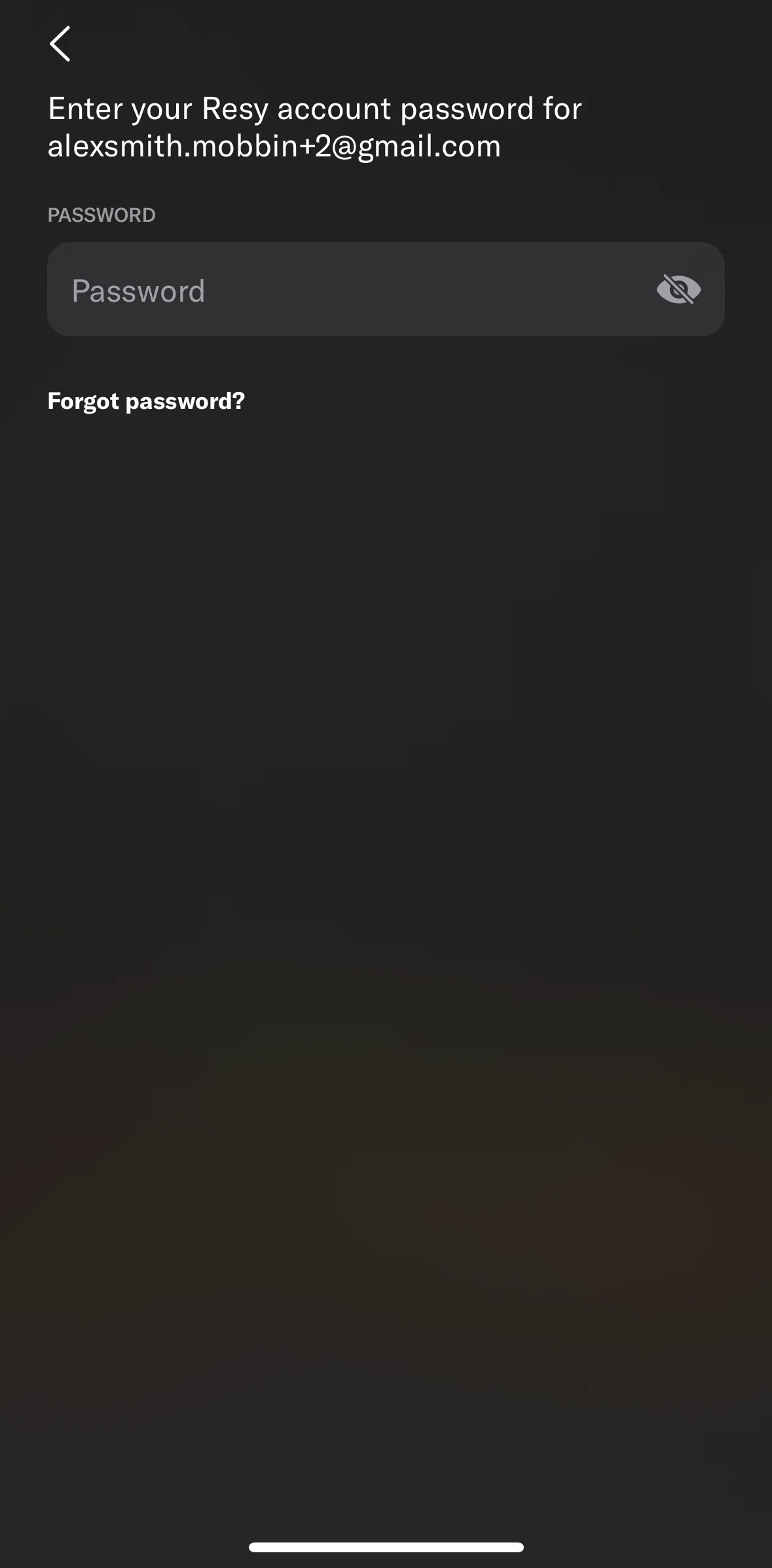 Resy Screen screen in the Forgot password flow