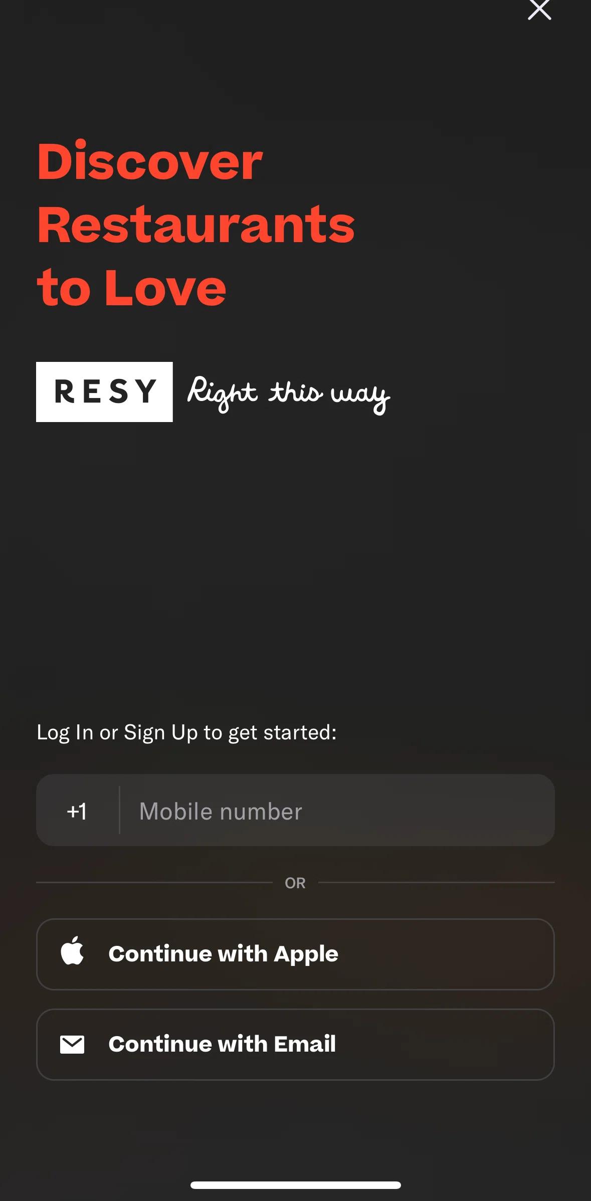 Resy Screen screen in the Logging in flow