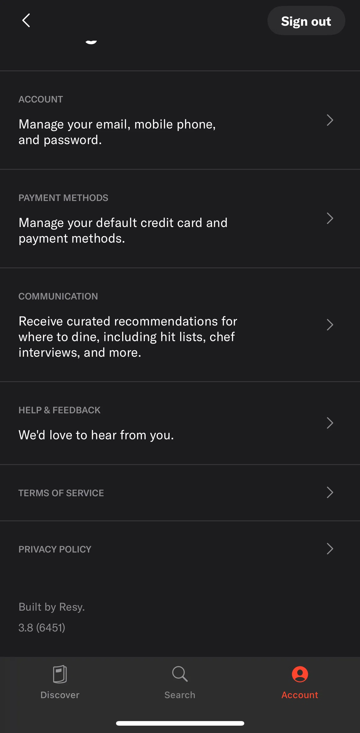 Resy Screen screen in the Privacy policy flow