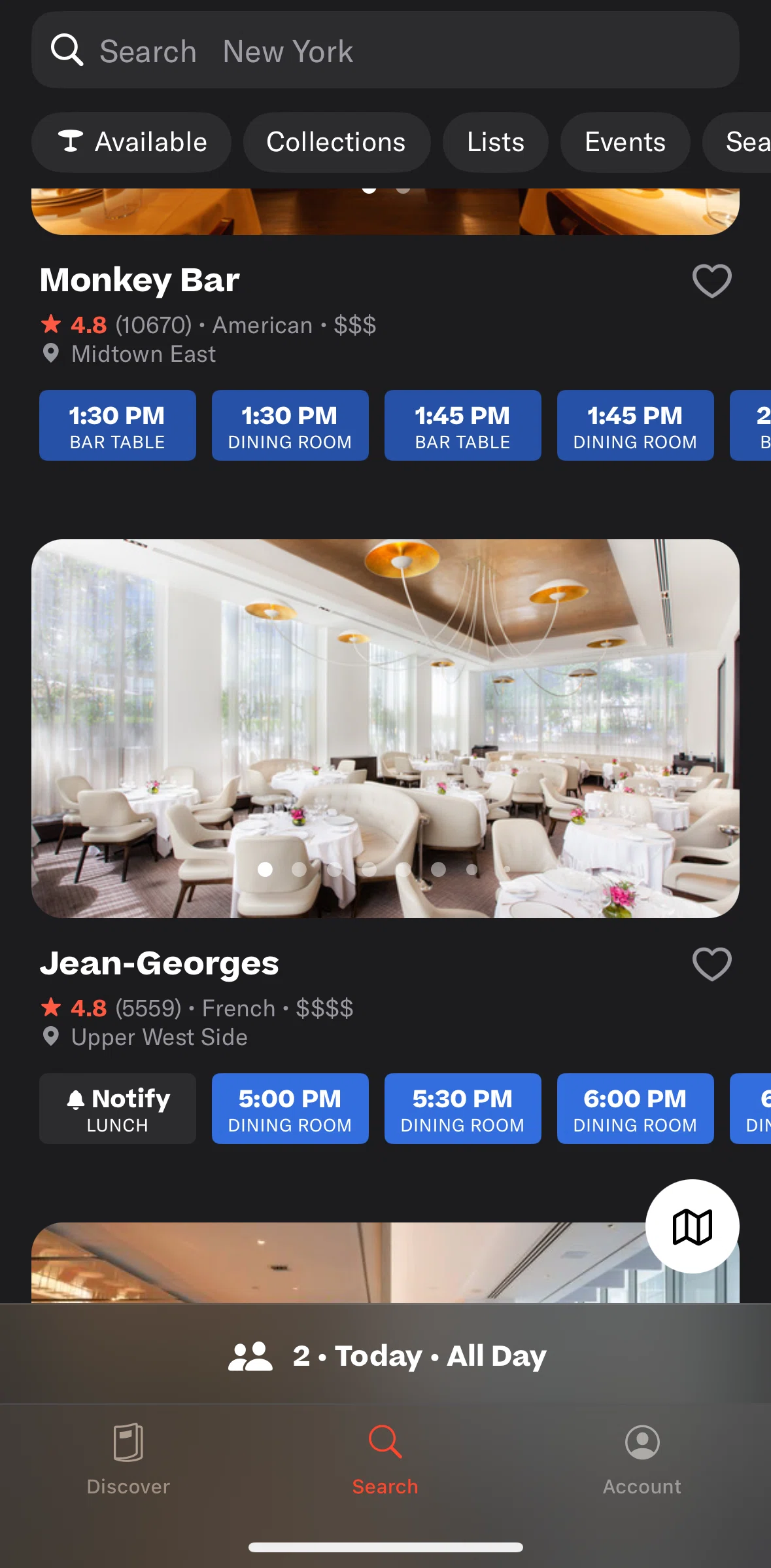 Resy Screen screen in the Restaurant detail flow