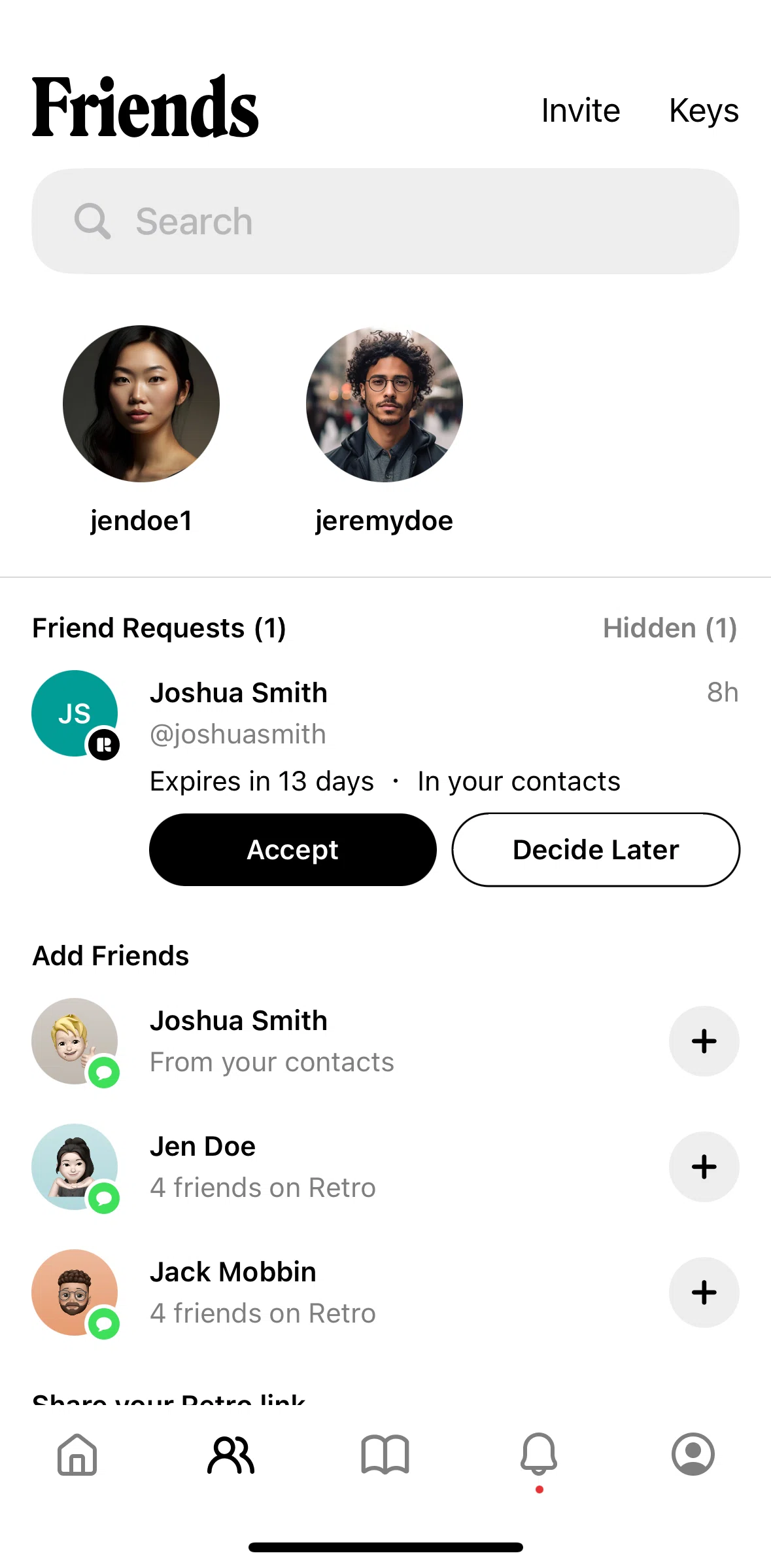 Retro Screen screen in the Accepting a friend request flow