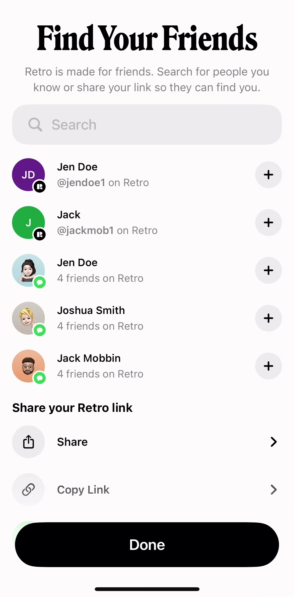 Retro Screen screen in the Adding friends flow