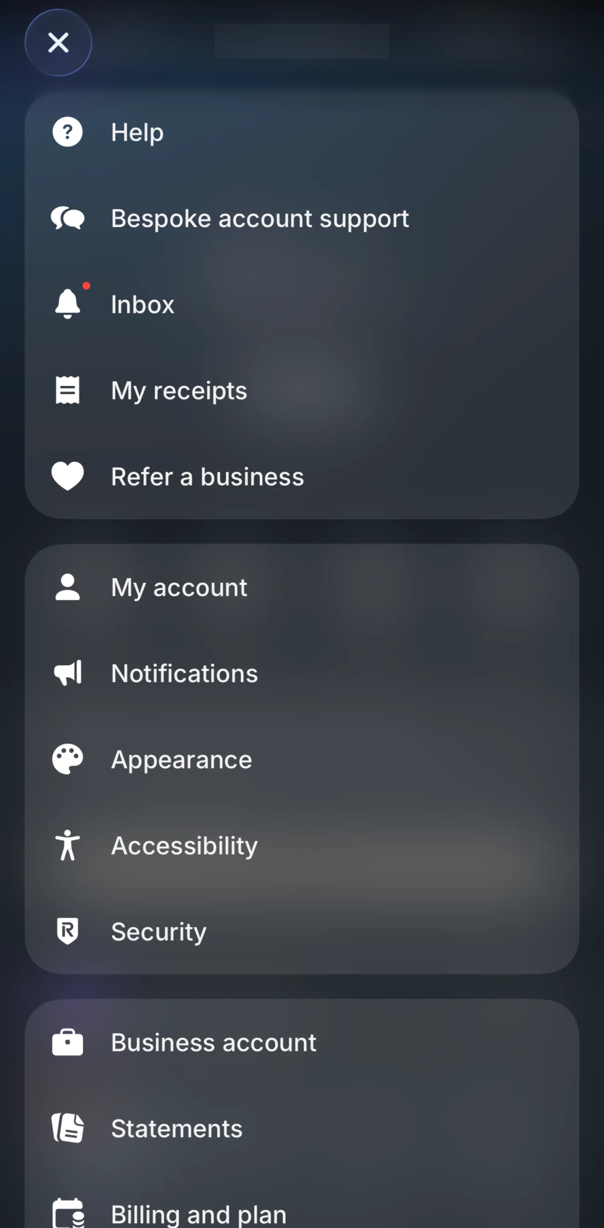 Revolut Business Screen screen in the Account (Menu) flow