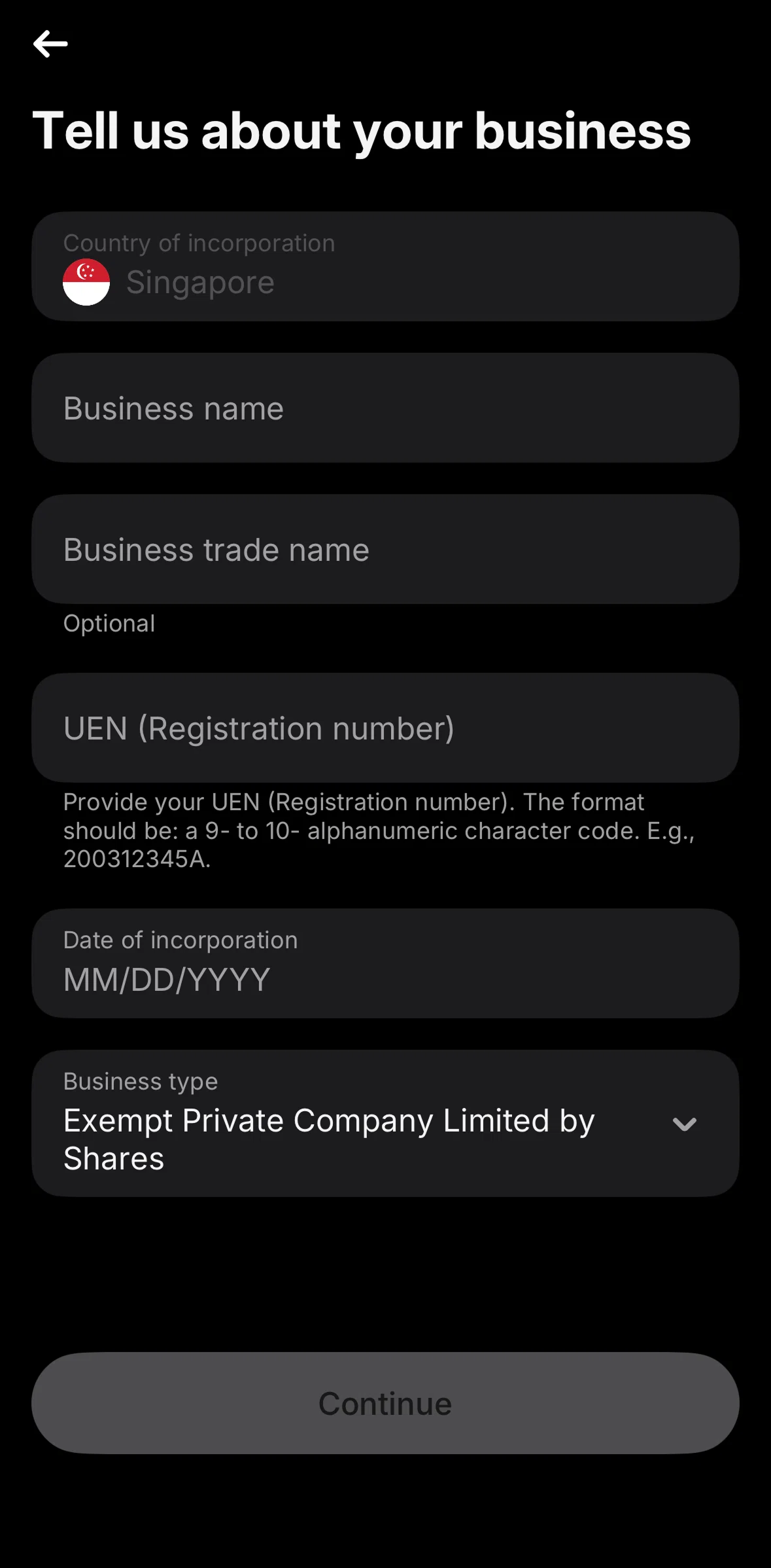 Revolut Business Screen screen in the Adding business detail flow