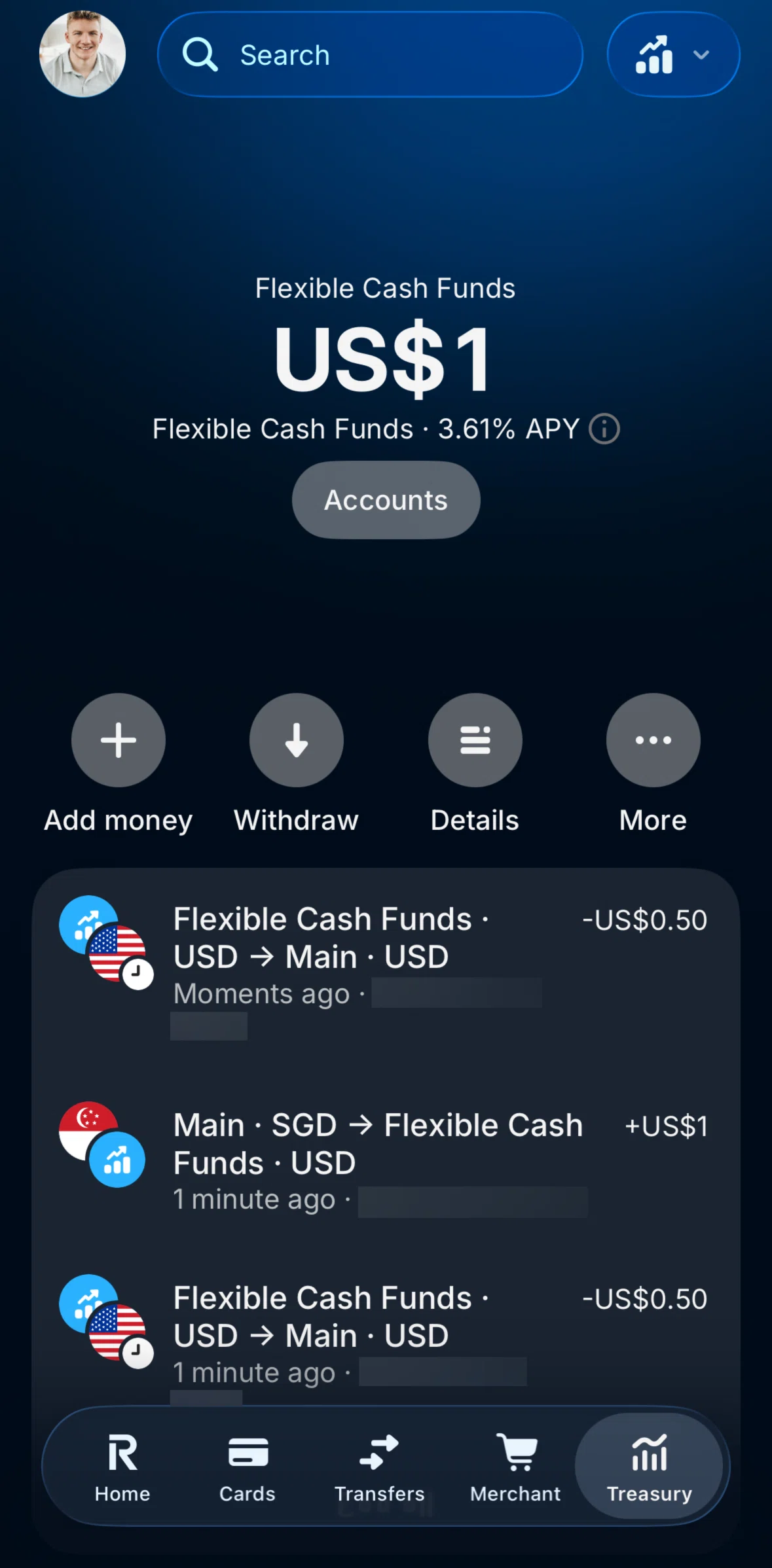 Revolut Business Screen screen in the Adding money (Treasury) flow