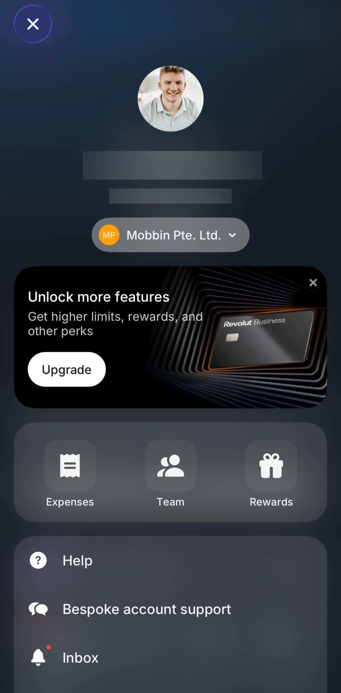 Revolut Business Screen screen in the Bespoke account support flow
