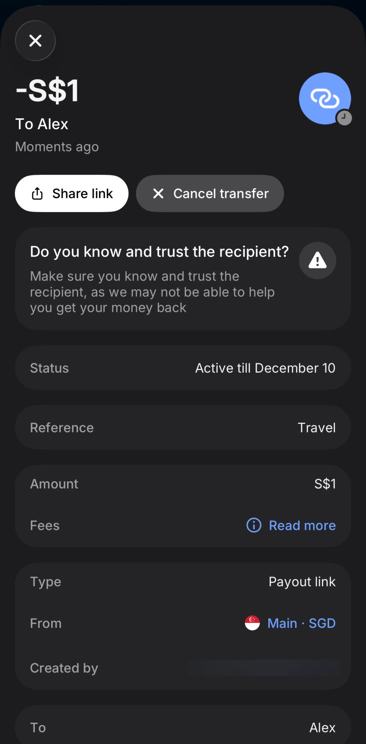 Revolut Business Screen screen in the Canceling a payout link flow