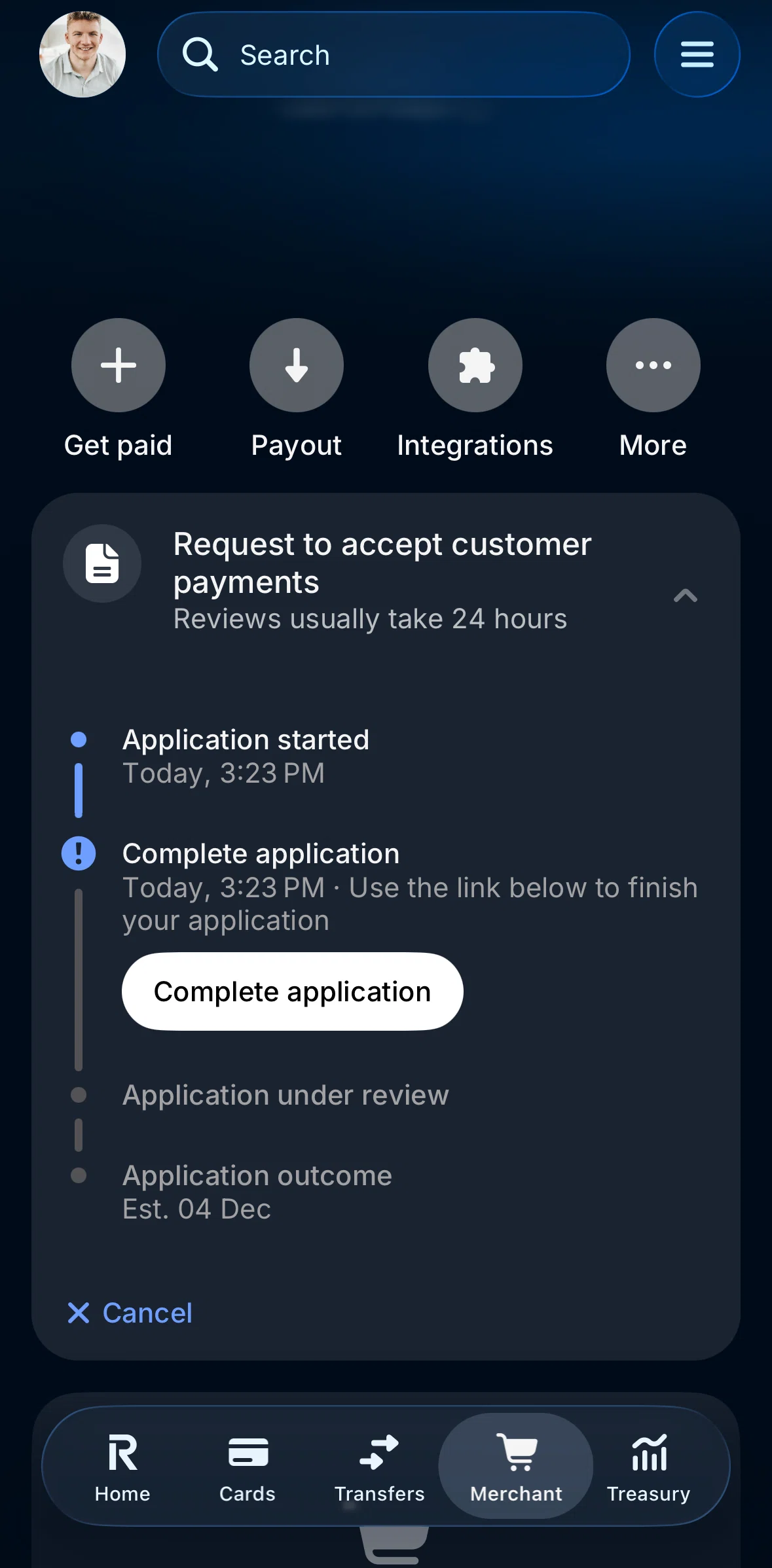 Revolut Business Screen screen in the Completing an application flow
