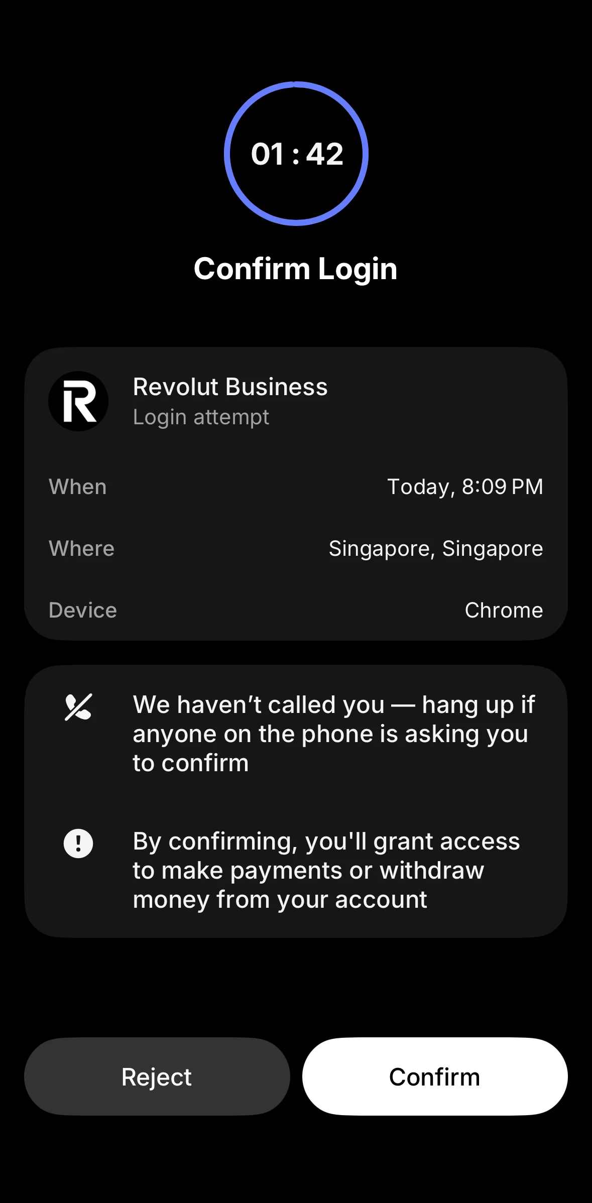 Revolut Business Screen screen in the Confirming login flow