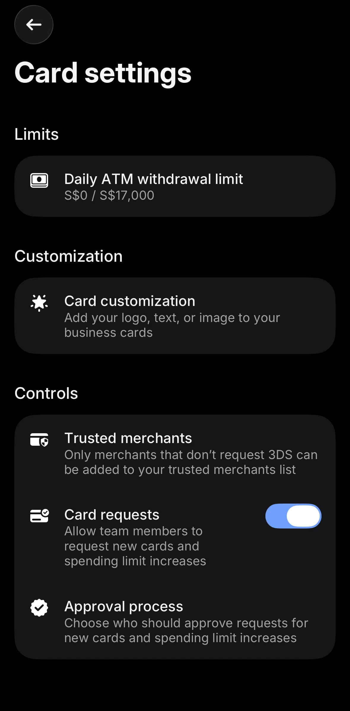 Revolut Business Screen screen in the Editing a card design flow