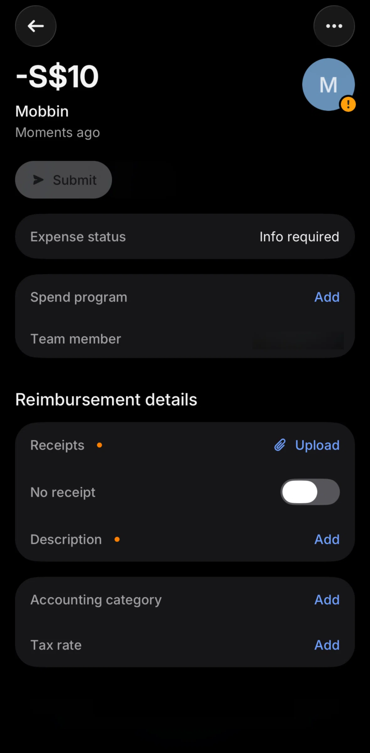 Revolut Business Screen screen in the Editing reimbursement detail flow