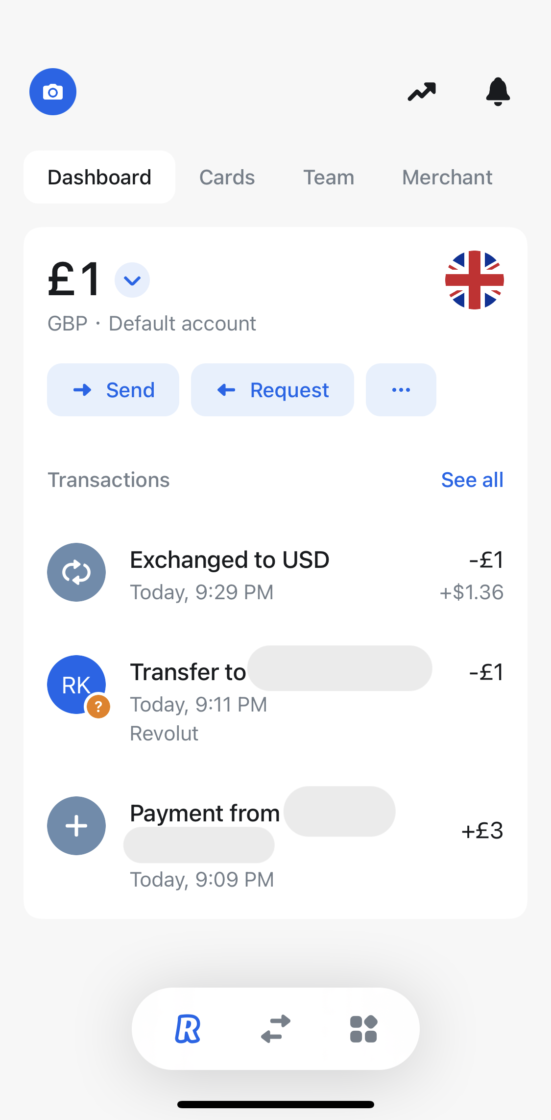 Revolut Business Dashboard screen in the General Browsing flow