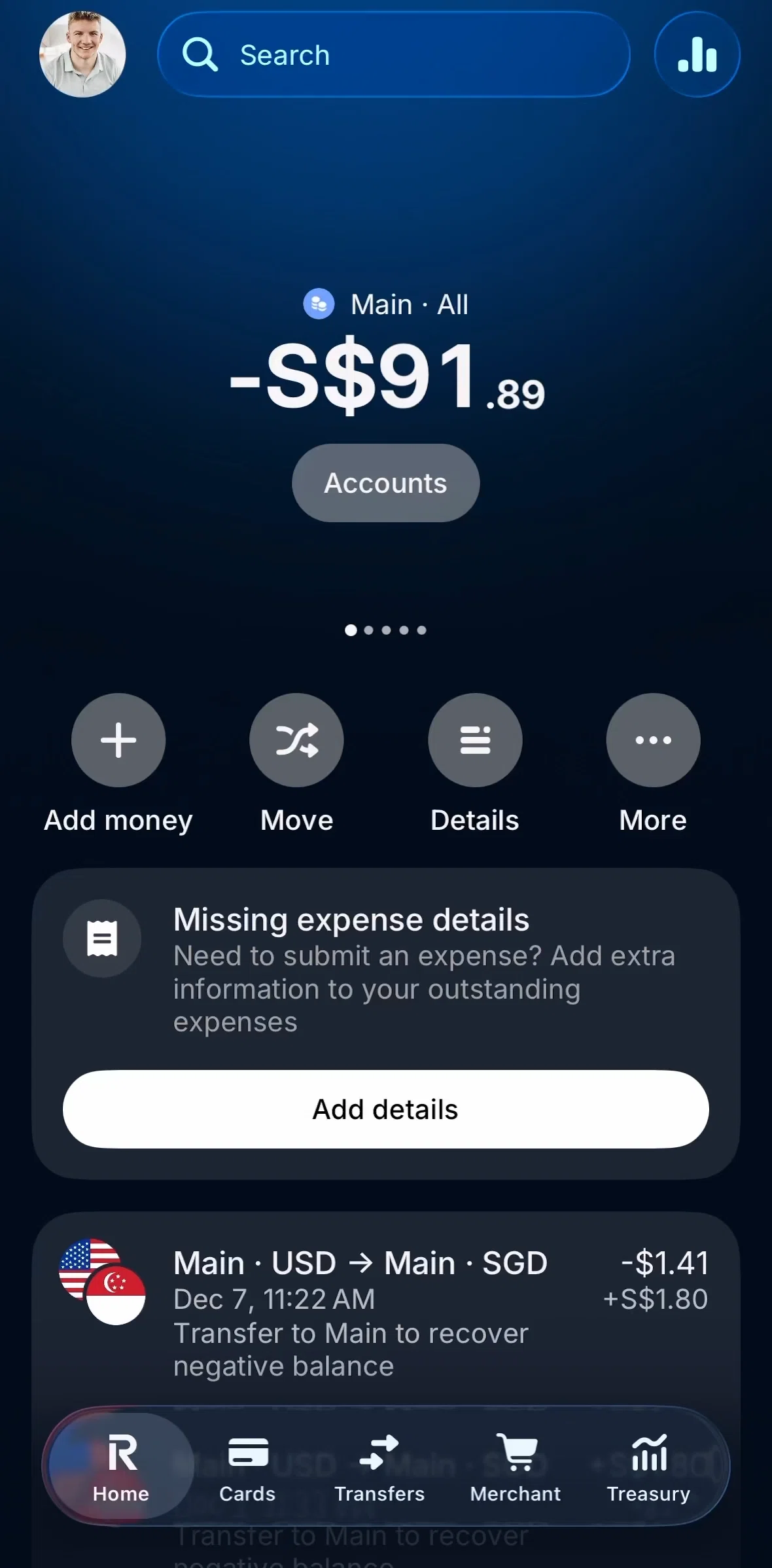 Revolut Business Screen screen in the Home flow