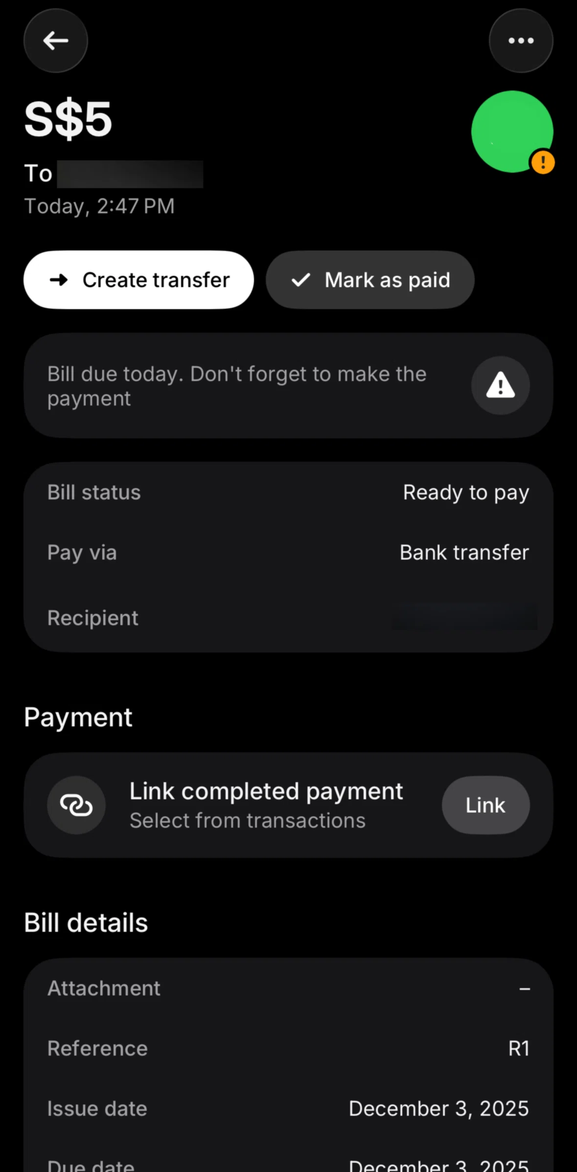 Revolut Business Screen screen in the Linking a completed payment flow