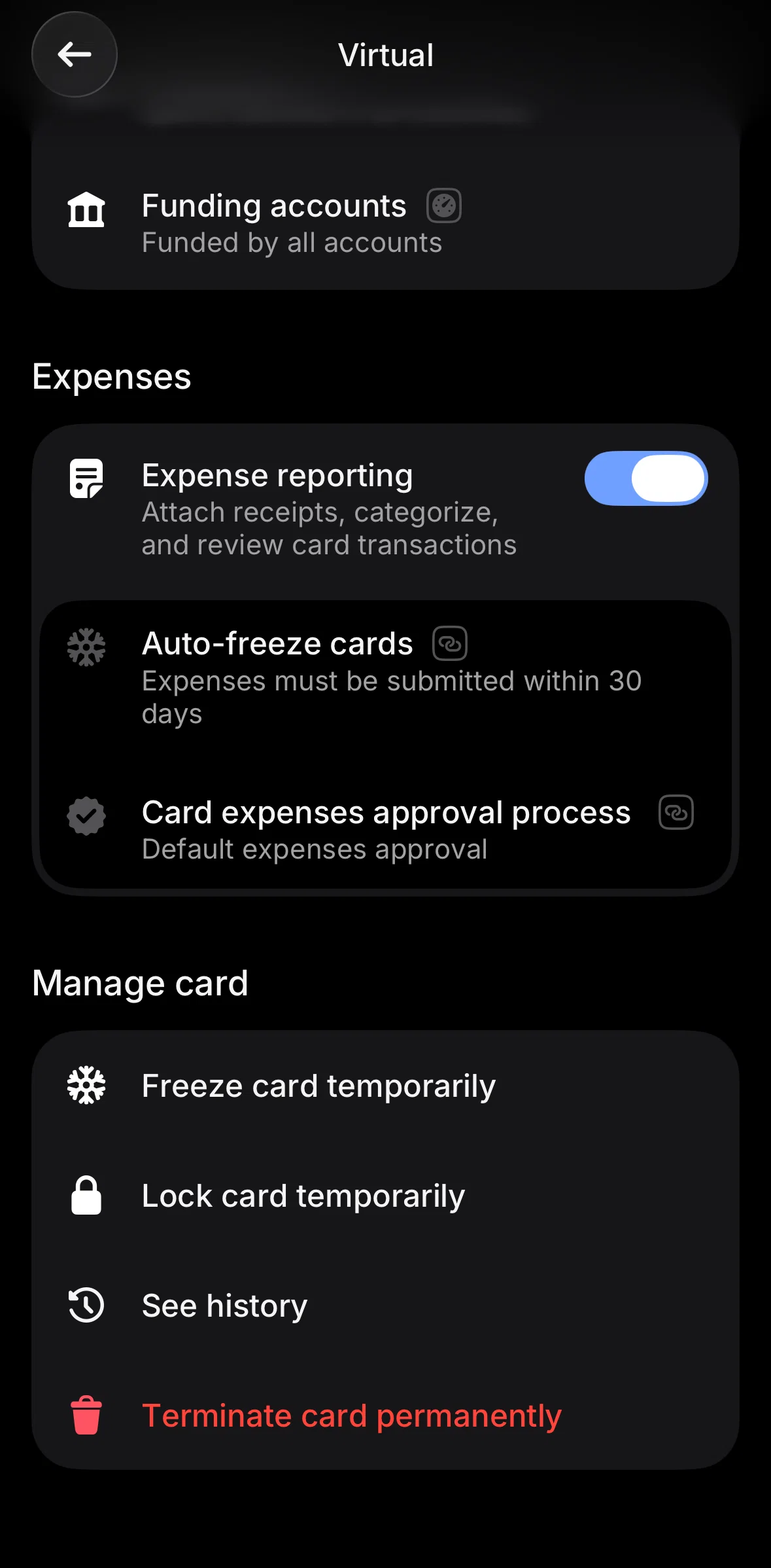 Revolut Business Screen screen in the Locking a card (card settings) flow