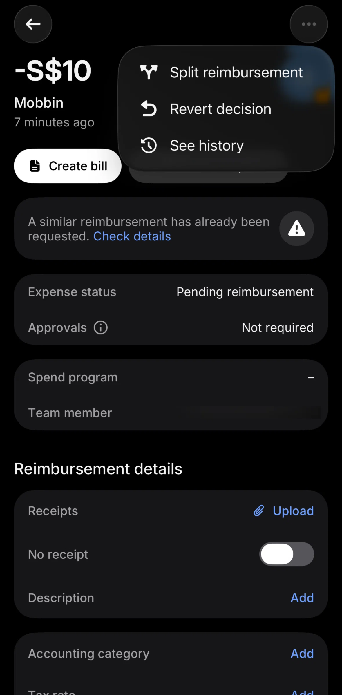 Revolut Business Screen screen in the Reimbursement history flow