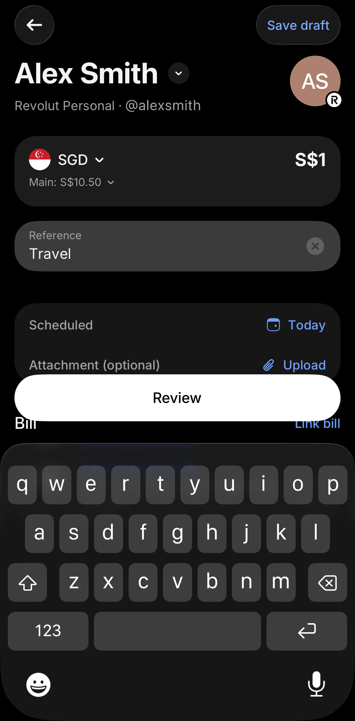 Revolut Business Screen screen in the Saving as a draft flow