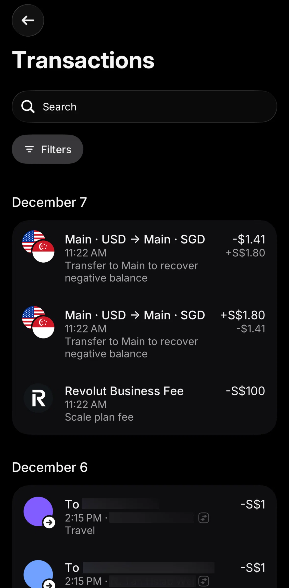 Revolut Business Screen screen in the Searching transactions flow