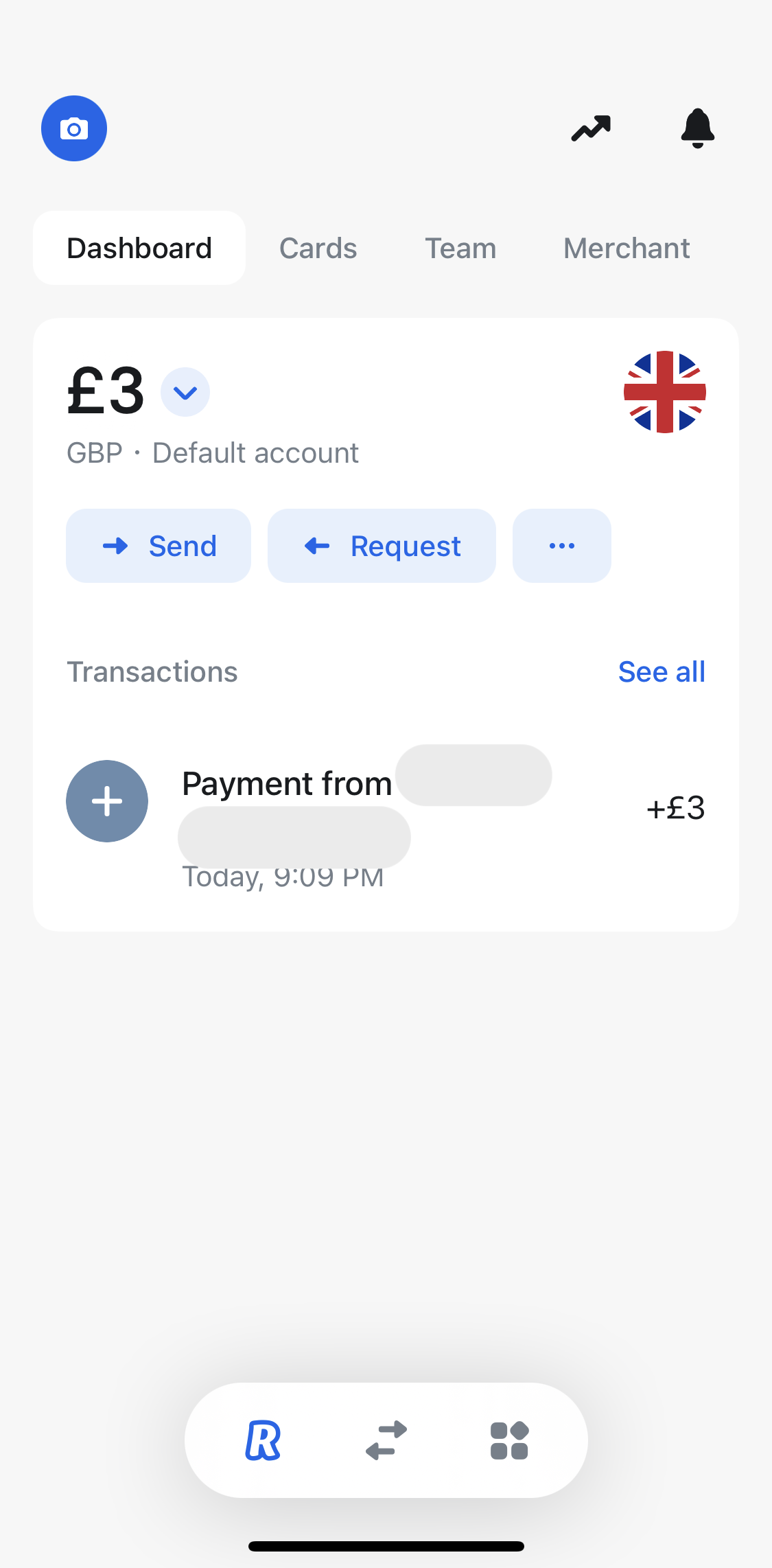 Revolut Business Dashboard screen in the Sending Currency flow
