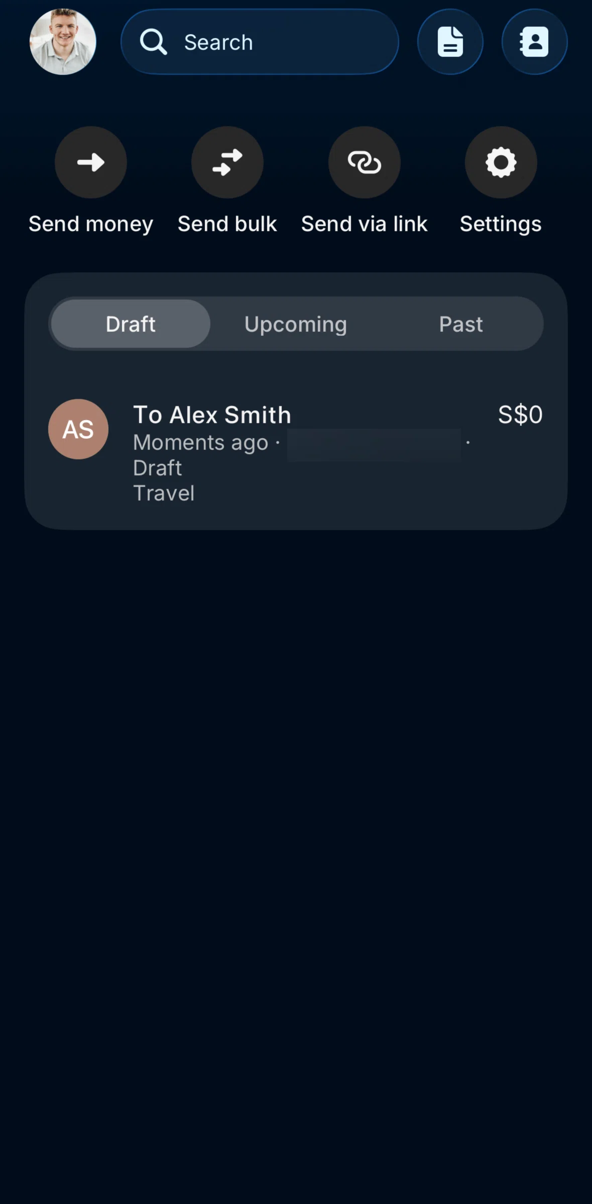 Revolut Business Screen screen in the Sending money (draft) flow