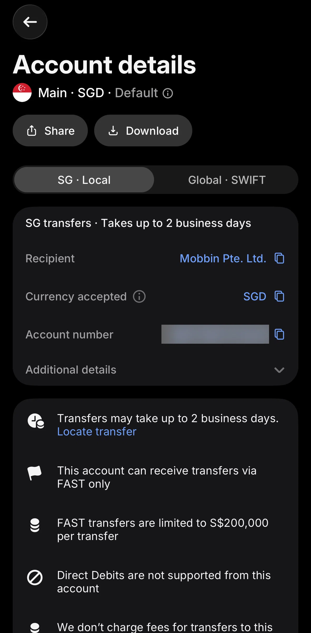 Revolut Business Screen screen in the Share account details flow