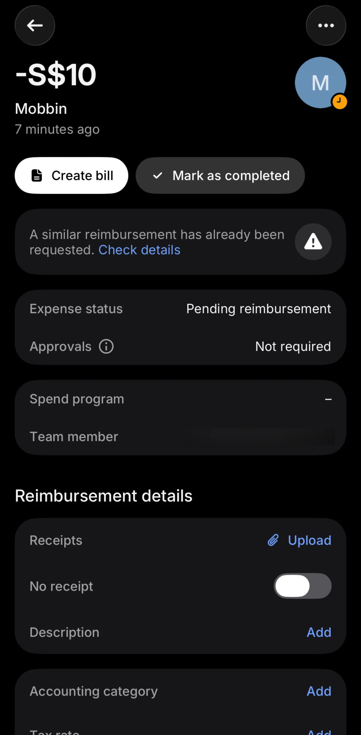 Revolut Business Screen screen in the Splitting a reimbursement flow